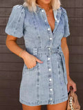 Button-Up Puff Sleeve Denim Shirt Dress - Blushé Belle