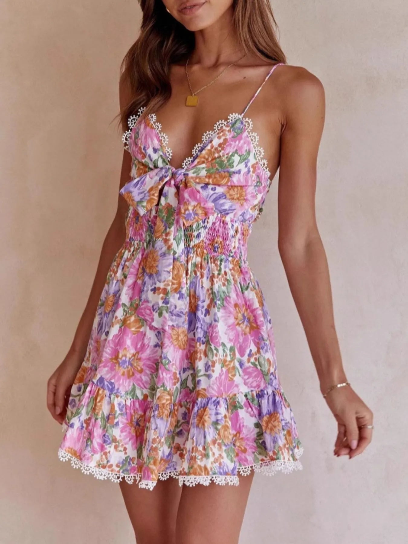Floral Print Tie-Front Cami Dress with Lace Trim - Blushé Belle