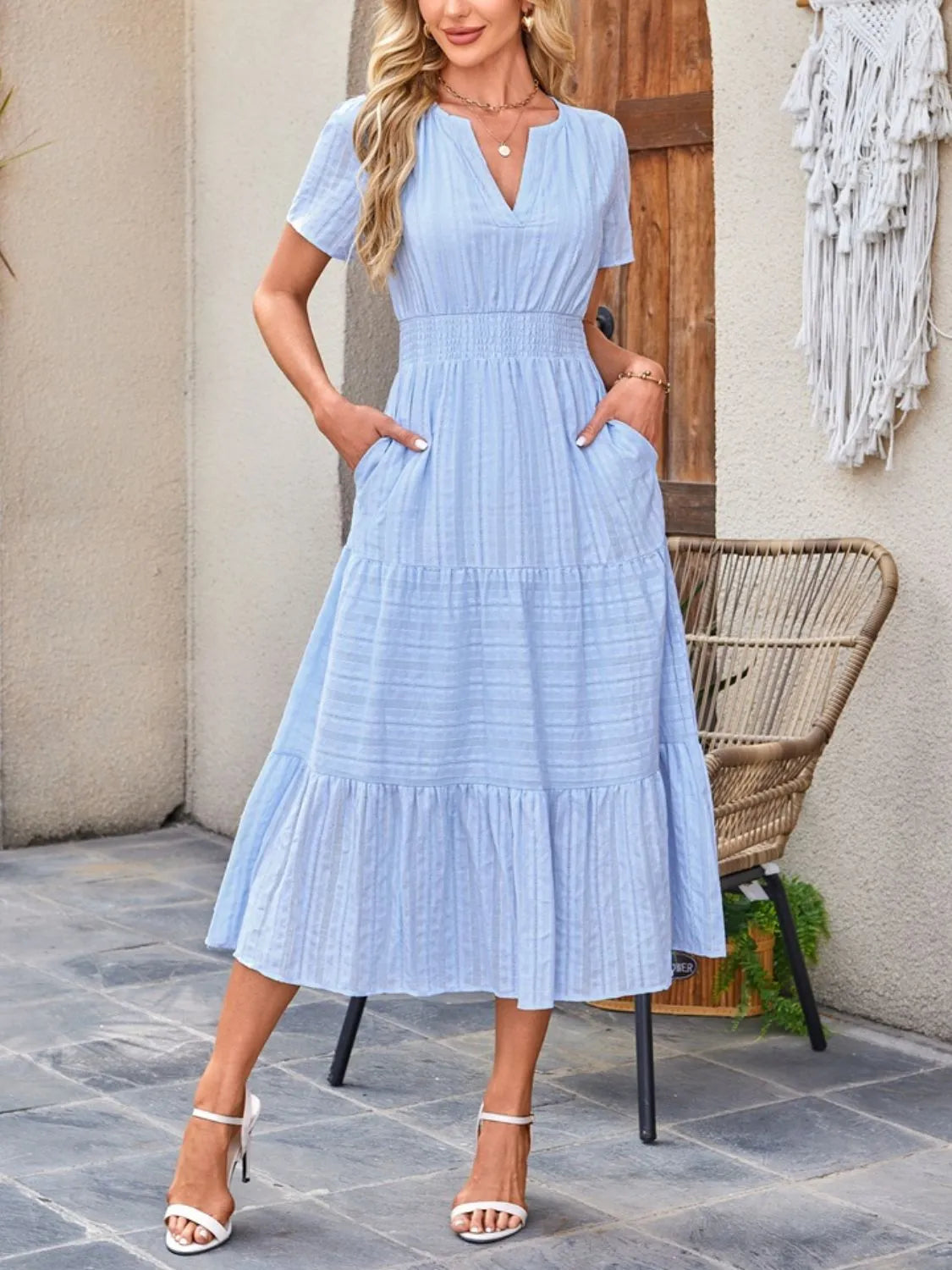 Tiered Notched Short Sleeve Dress - Blushé Belle