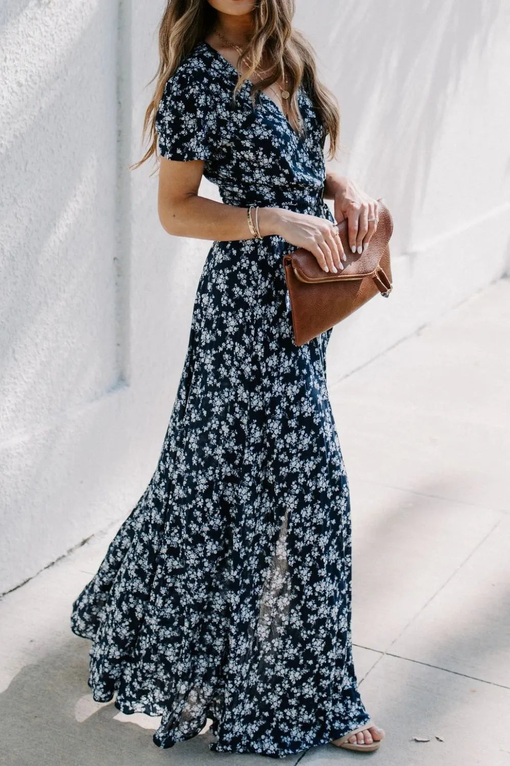 Floral Surplice Short Sleeve Dress - Blushé Belle