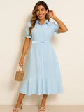 Striped Button-Down Midi Shirt Dress with Ruffle Sleeves - Blushé Belle