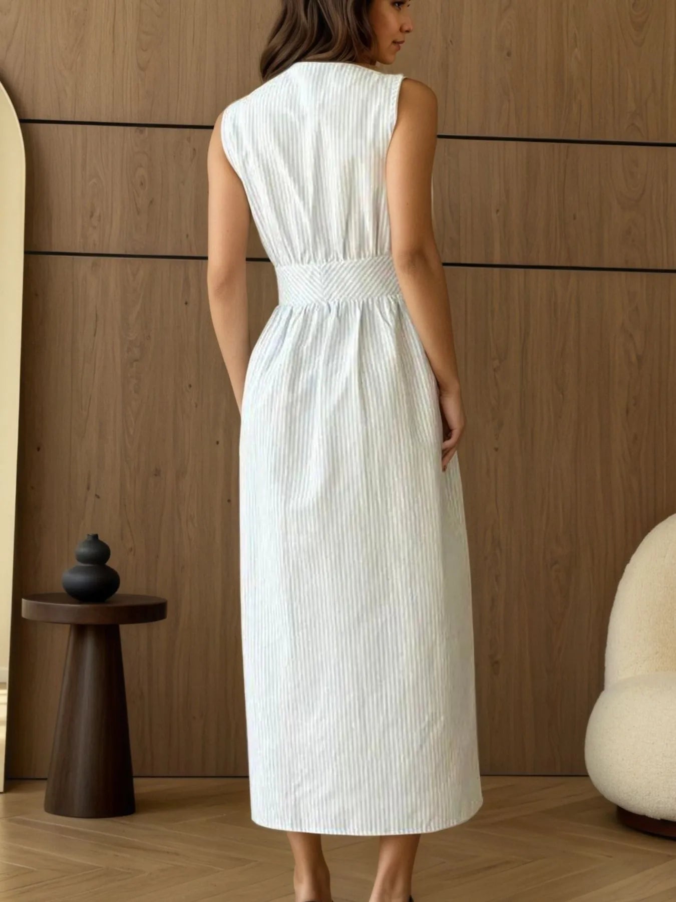 Striped V-Neck Sleeveless Midi Dress - Blushé Belle