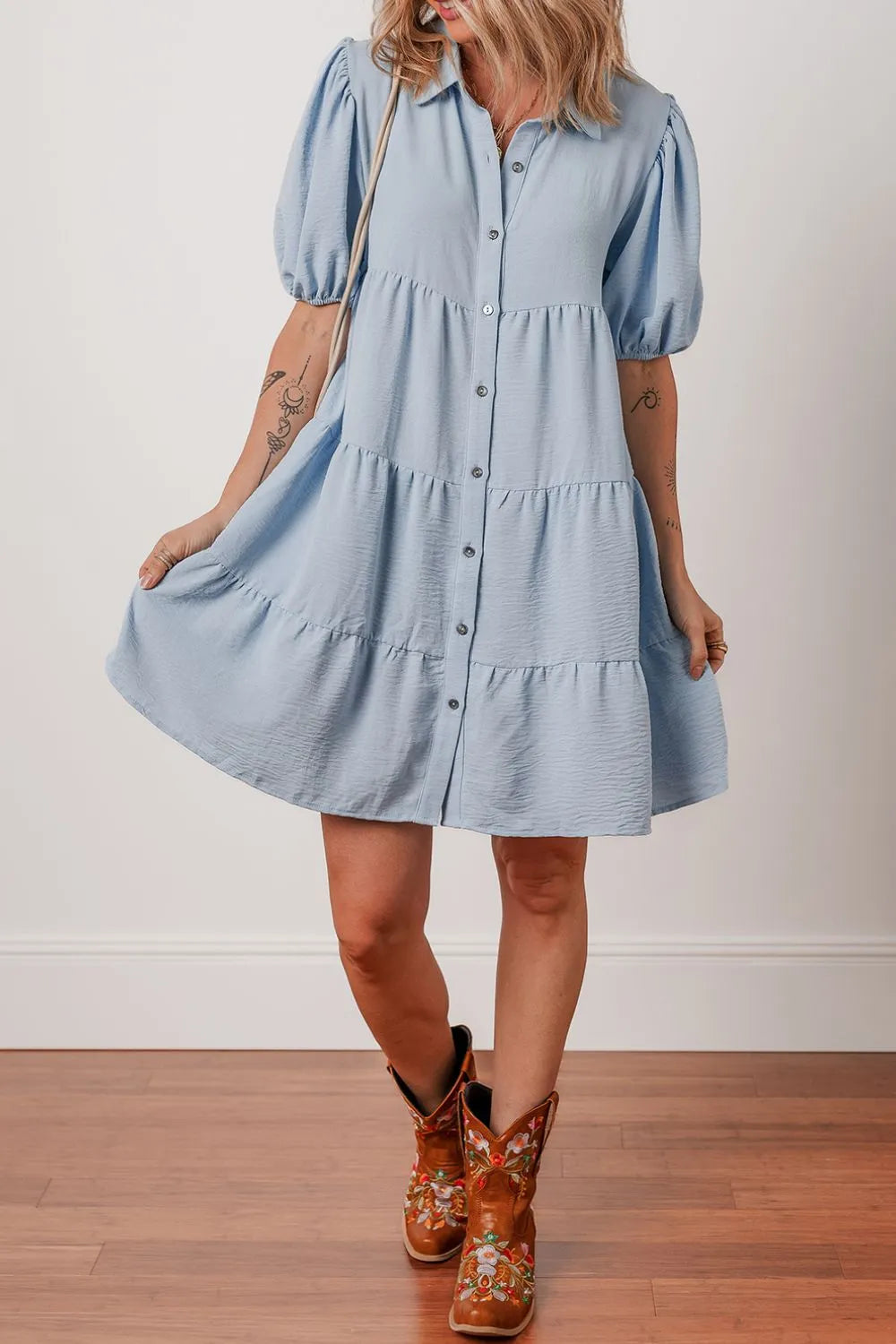 Button Up Puff Sleeve Tiered Shirt Dress - Blushé Belle