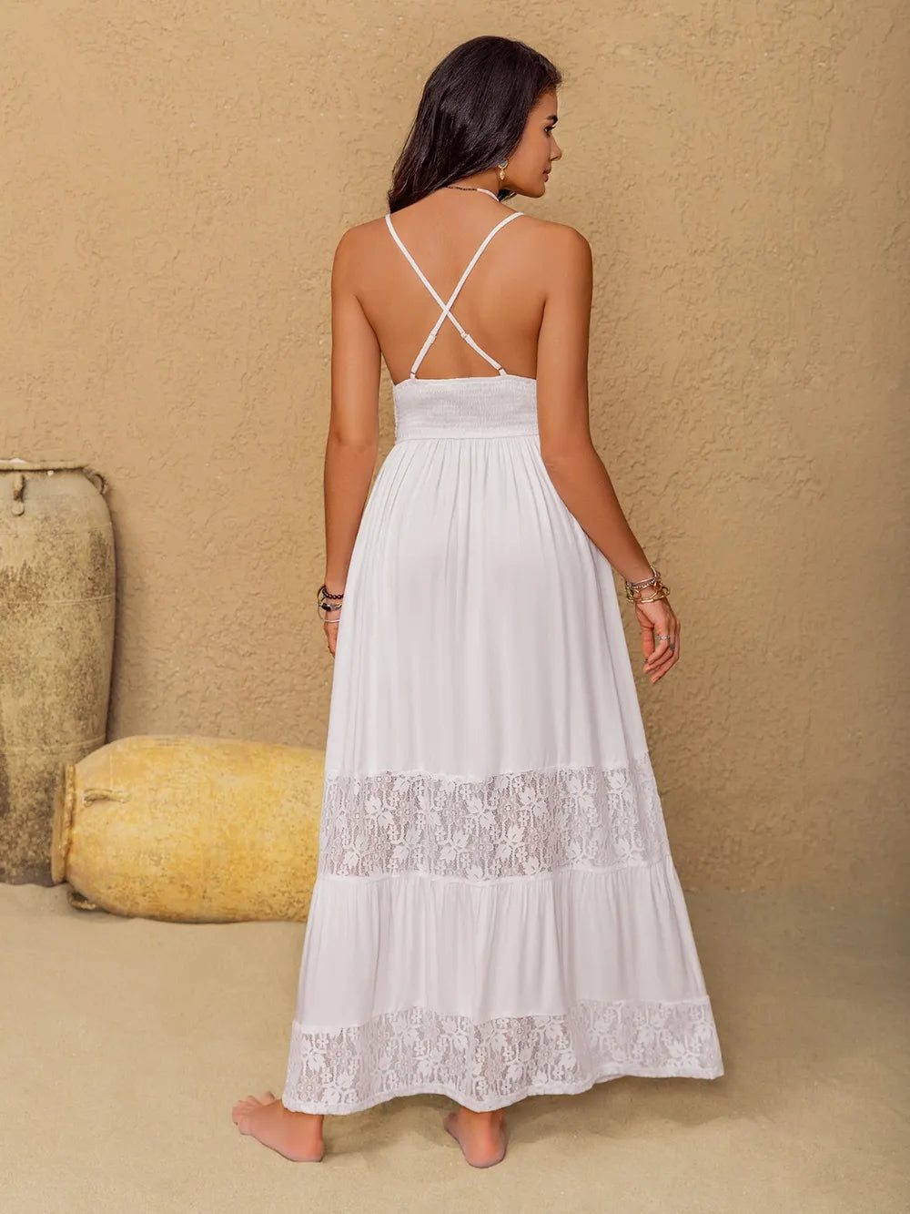 Lace Detail Crochet Tiered Maxi Cami Dress - Blushé Belle