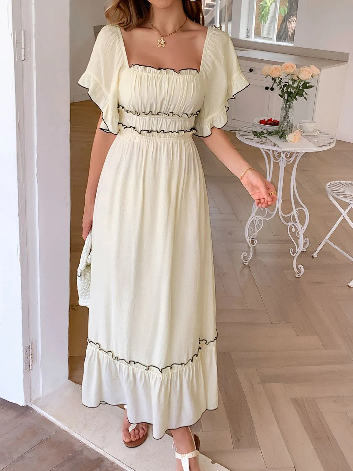 Square Neck Puff Sleeve Ruffle Trim Maxi Dress - Blushé Belle