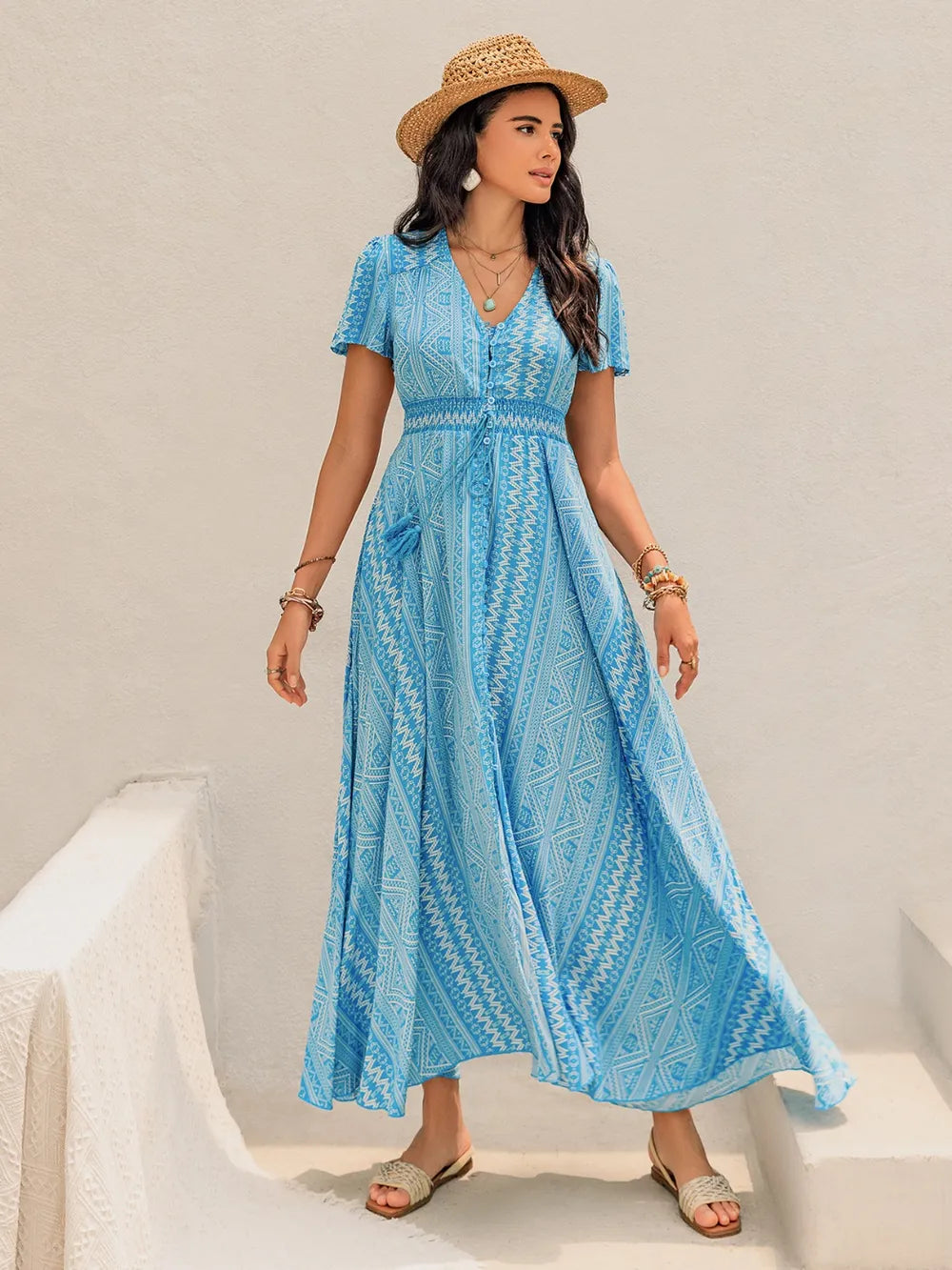 Printed Button Down Short Sleeve Maxi Dress - Blushé Belle