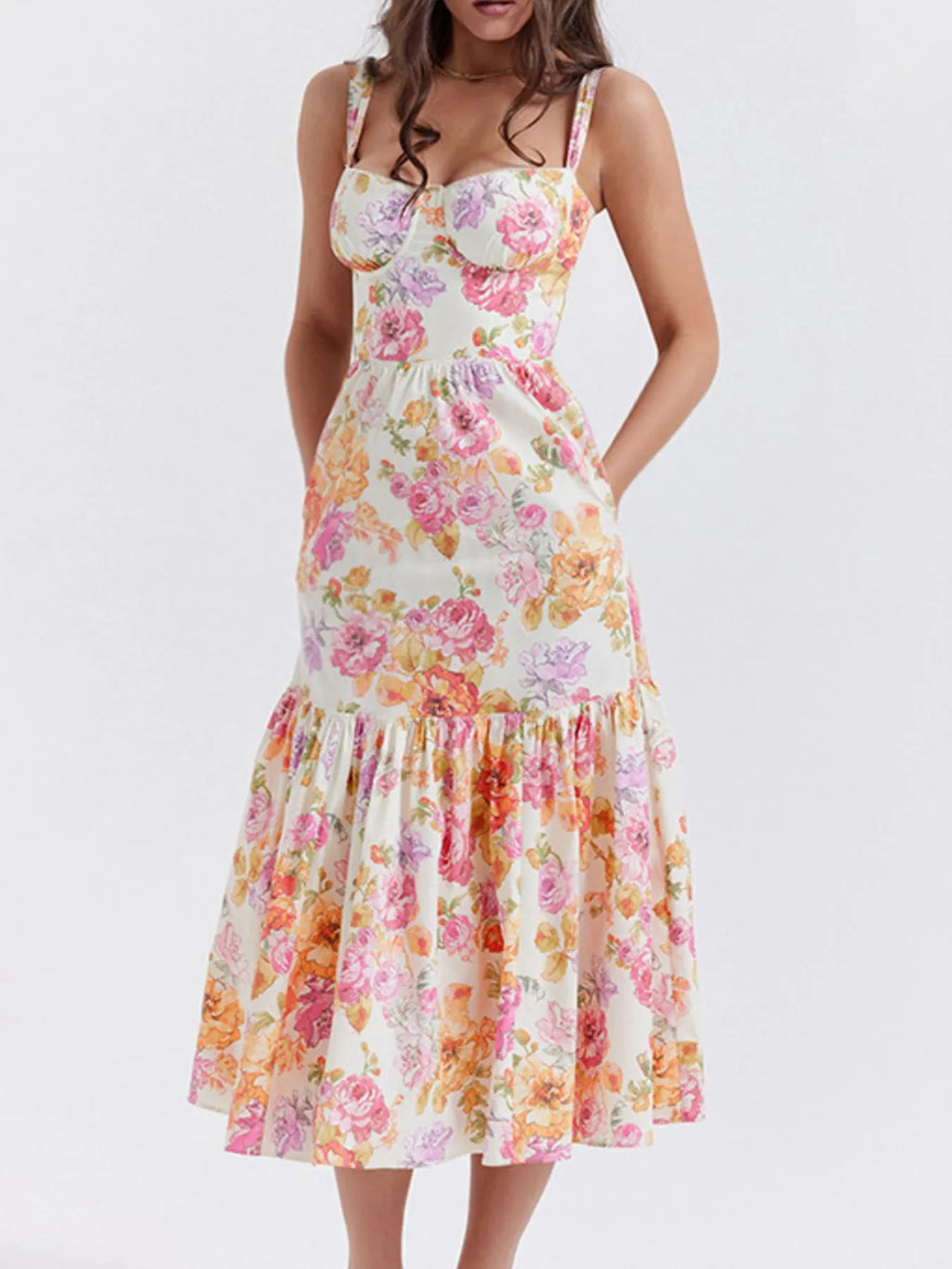 Floral Print Sweetheart Neck Midi Dress - Blushé Belle