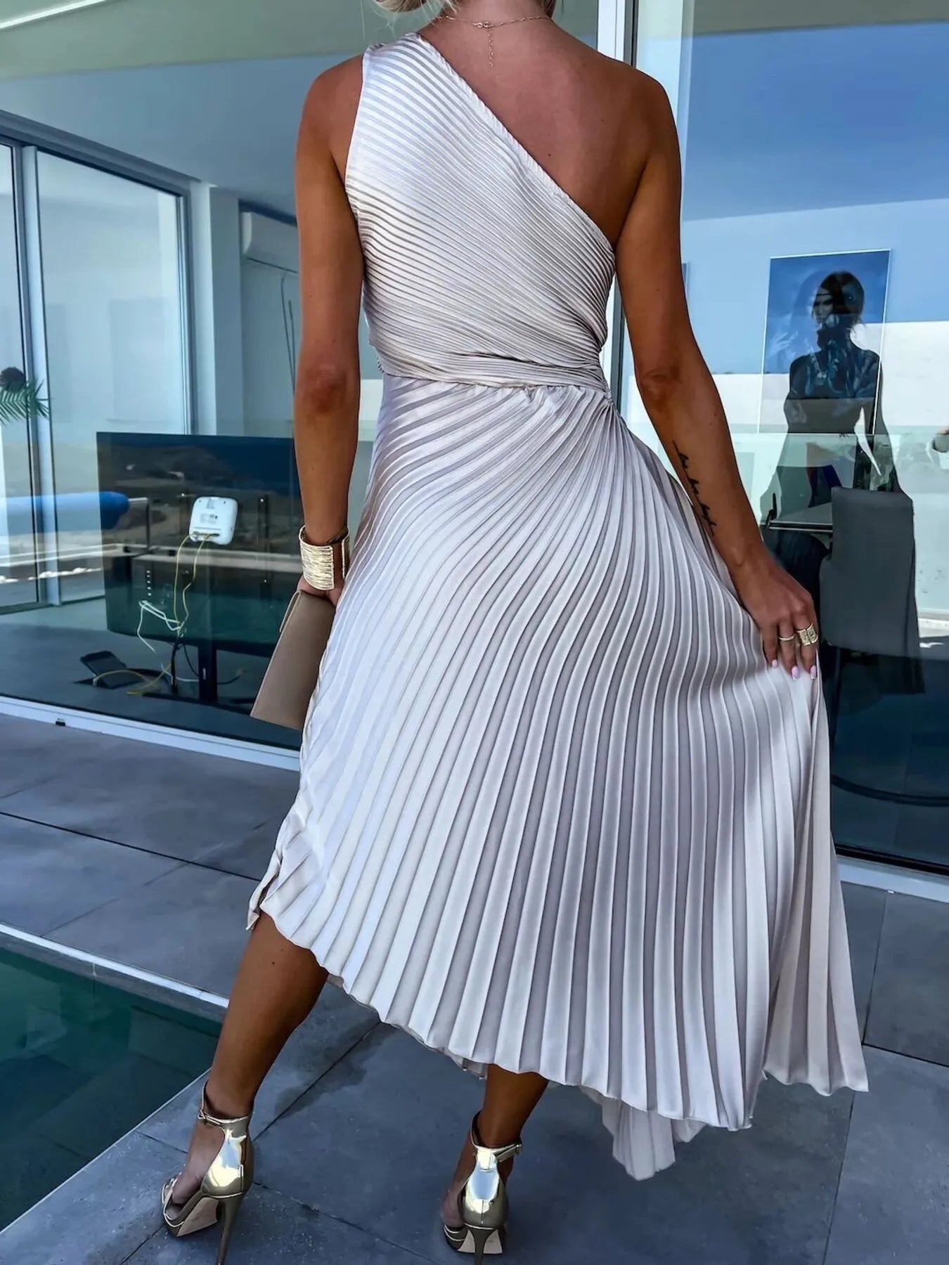 Full Size Single Shoulder Pleated Midi Dress Plus Size - Blushé Belle