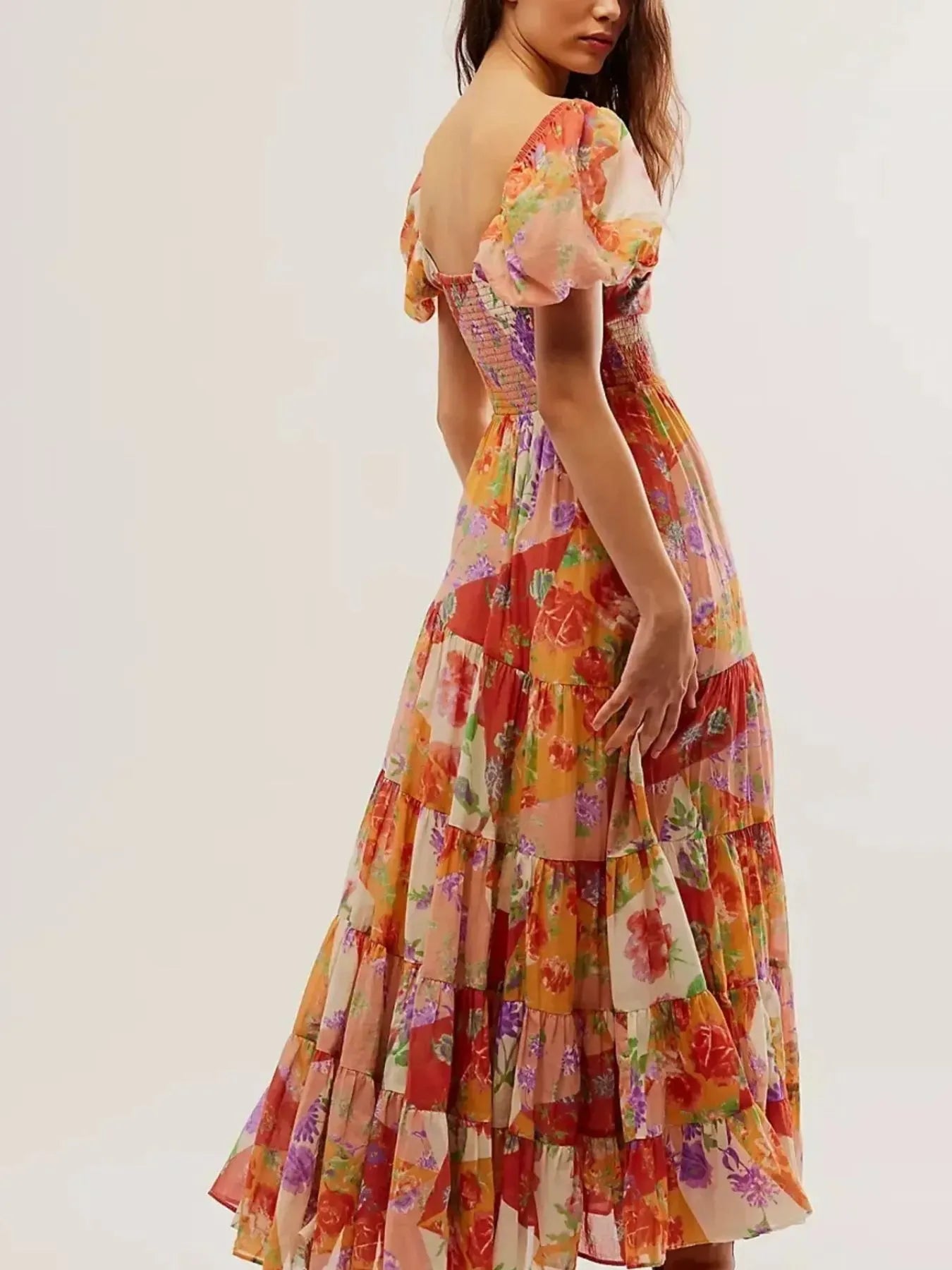Printed Sweetheart Neck Puff Sleeve Maxi Dress - Blushé Belle