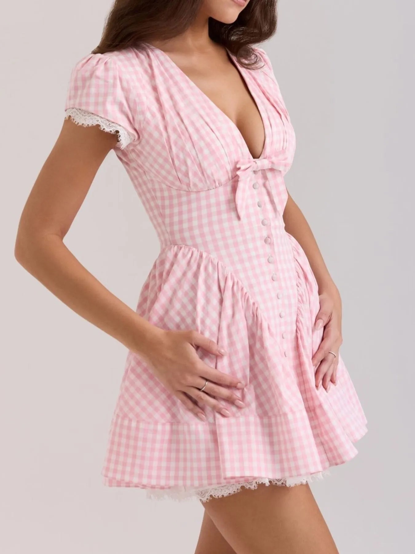 Gingham Ruffle Mini Dress with Lace Trim - Blushé Belle