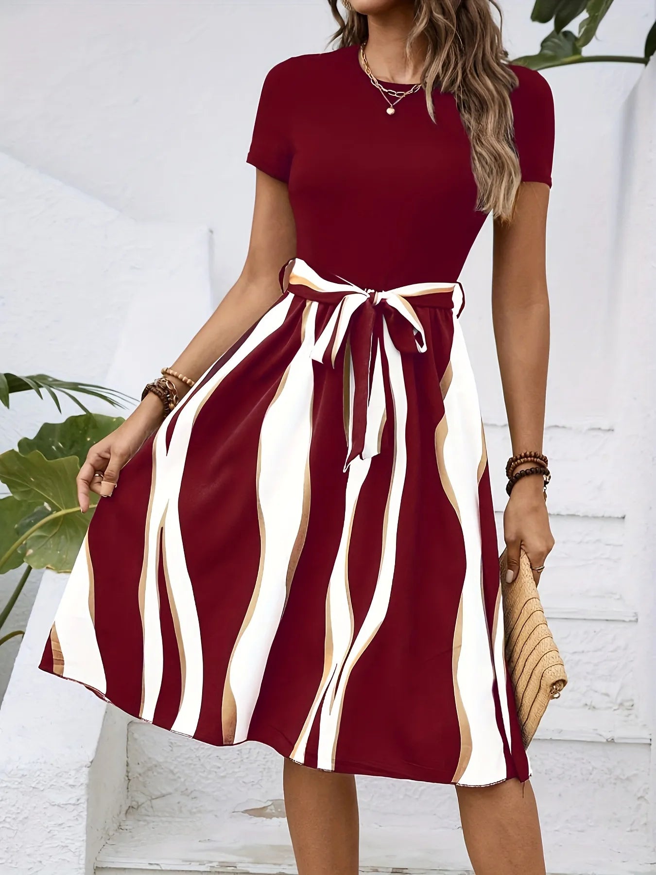 Striped Short Sleeve Tie Waist Dress - Blushé Belle