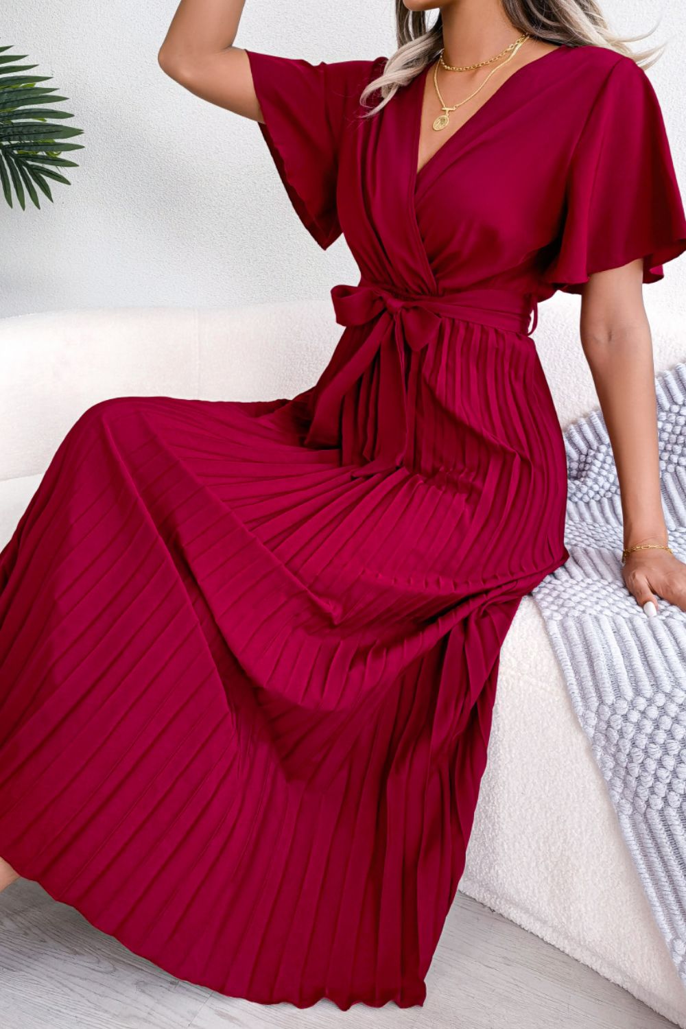Pleated Flutter Sleeve Belted Dress - Blushé Belle