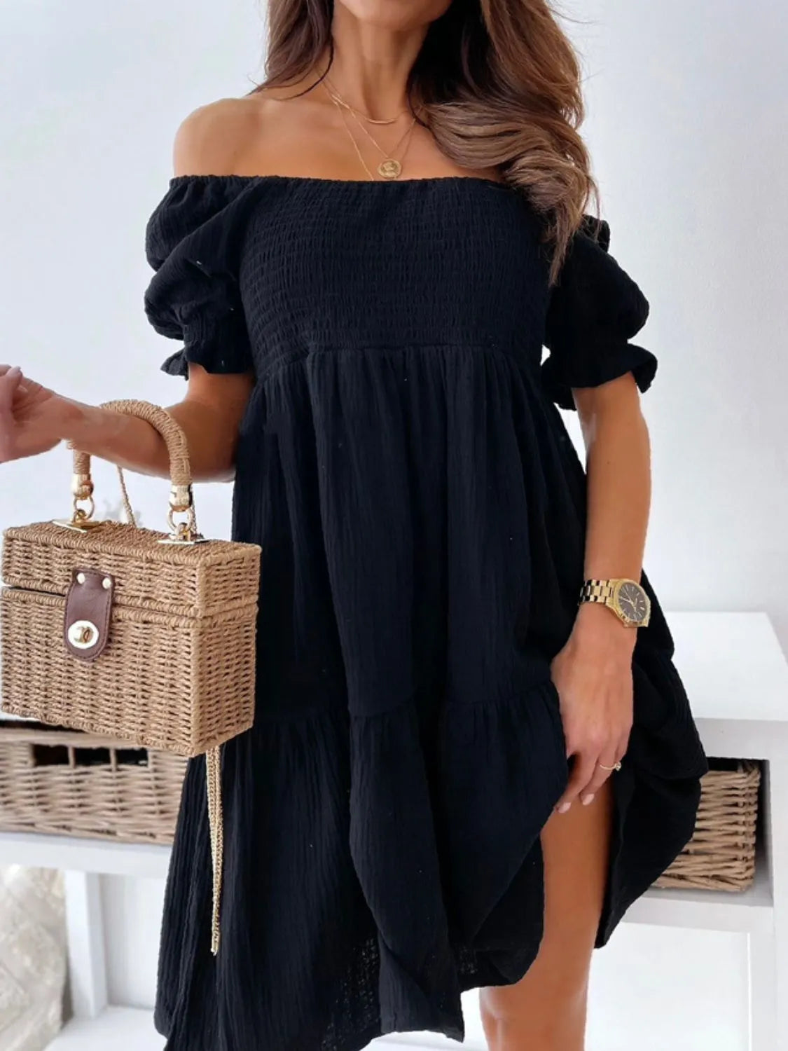 Smocked Off-Shoulder Mini Dress - Blushé Belle