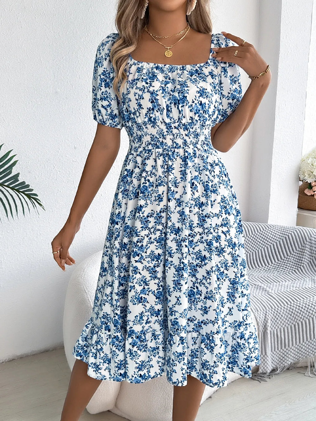 Ruffled Hem Floral Puff Sleeve Dress - Blushé Belle