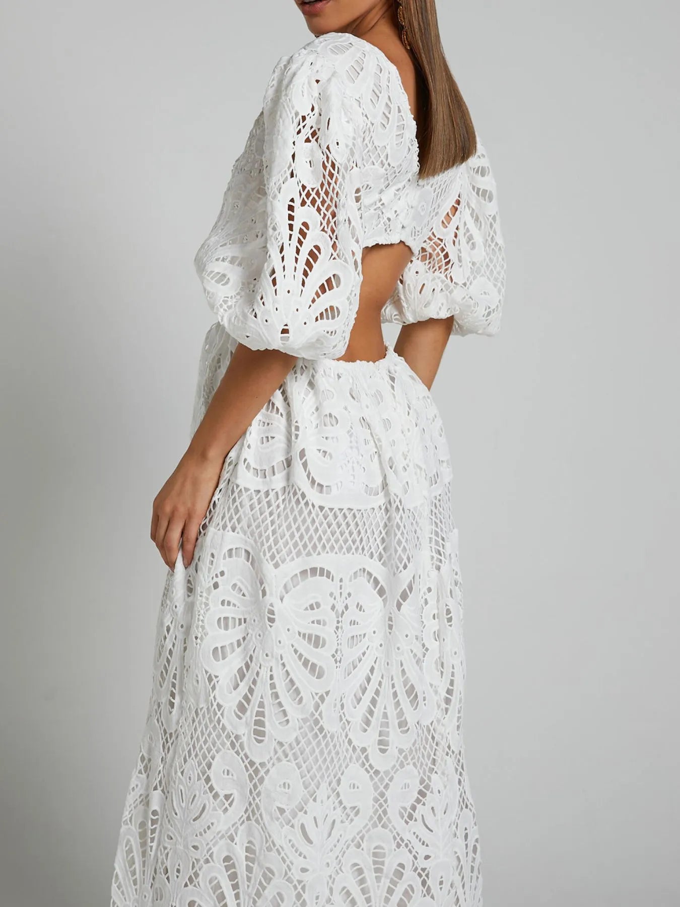 Cutout Back Lace Crochet V-Neck Dress - Blushé Belle