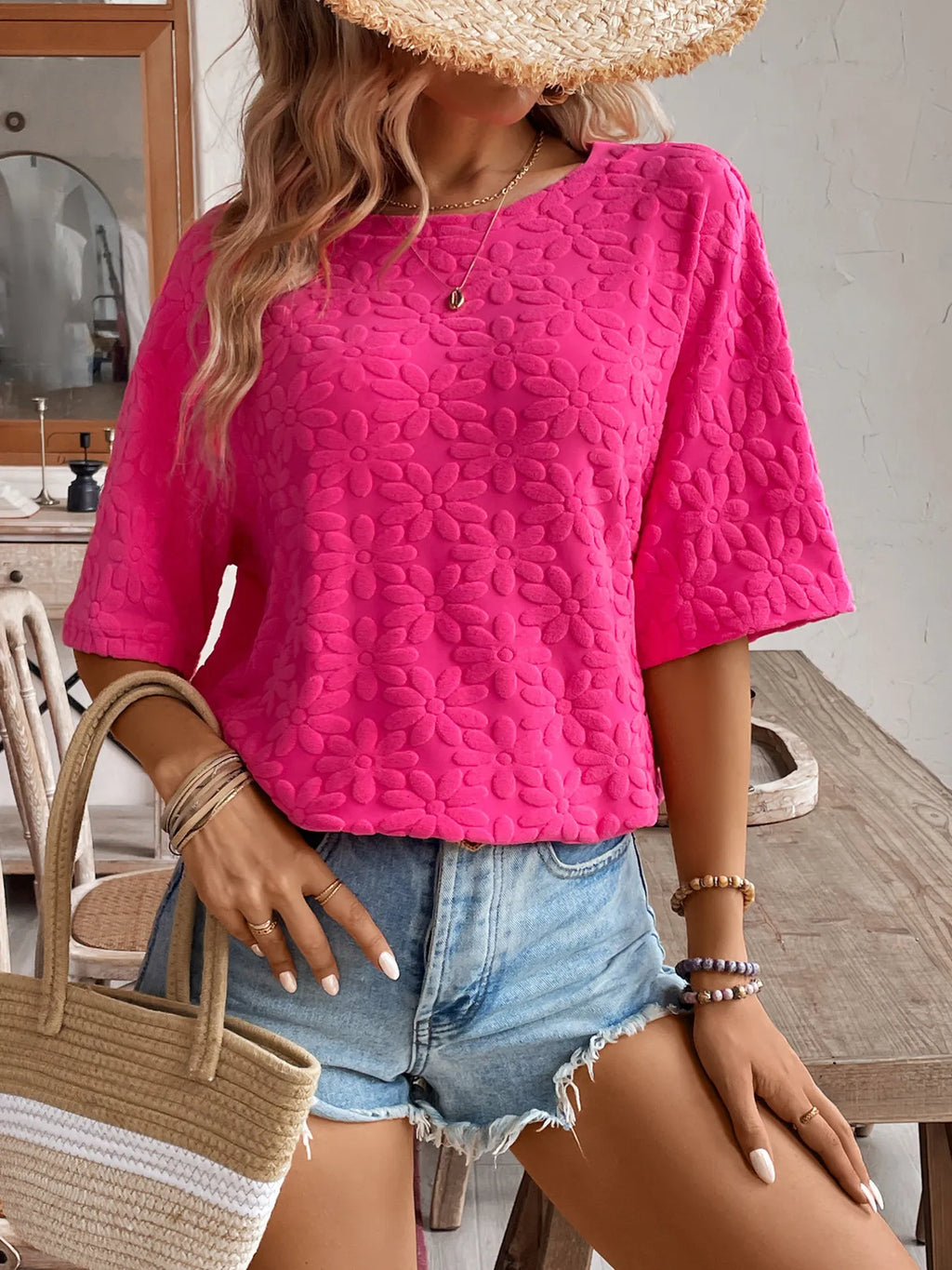 Textured Round Neck Oversized T-Shirt - Blushé Belle