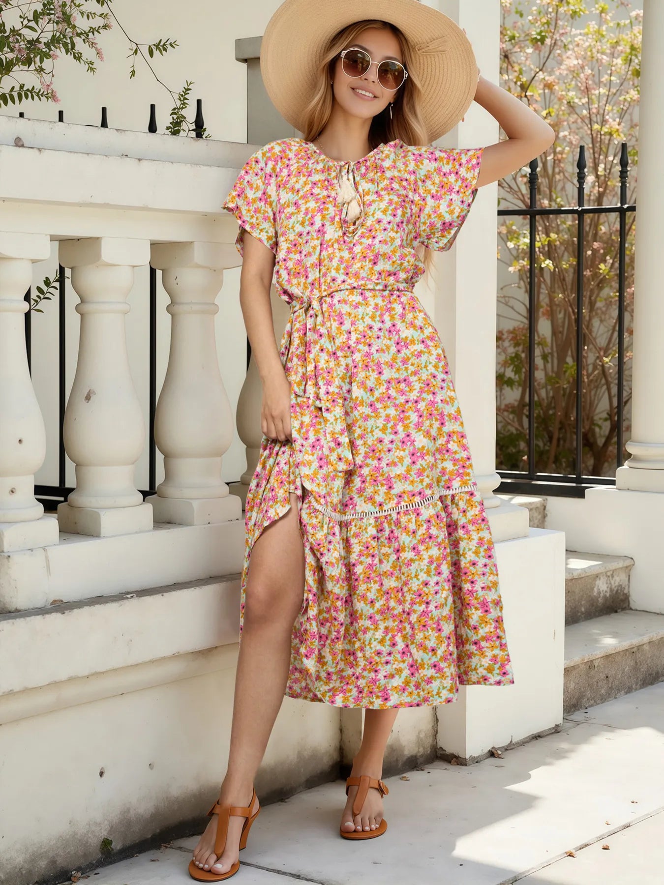 Floral Print Ruffle Hem Midi Dress - Blushé Belle