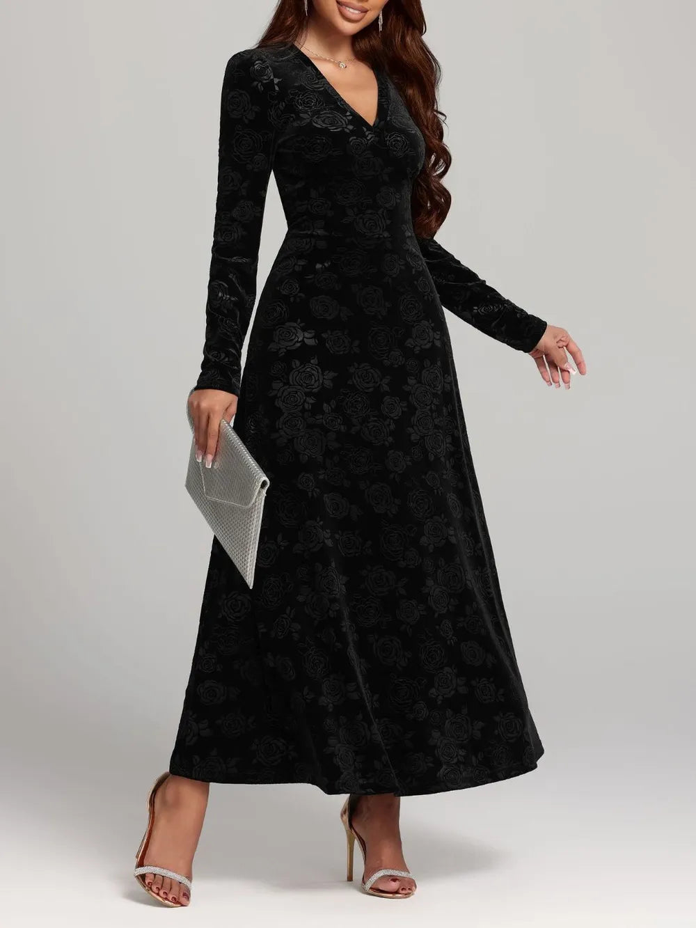 Rose Print V-Neck Long Sleeve Dress - Blushé Belle