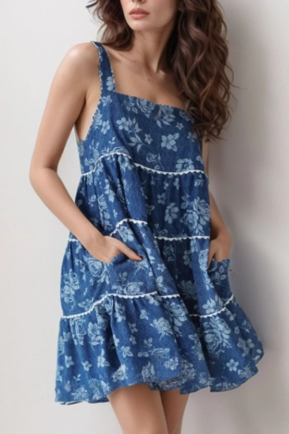 Floral Tiered Square Neck Denim Dress - Blushé Belle