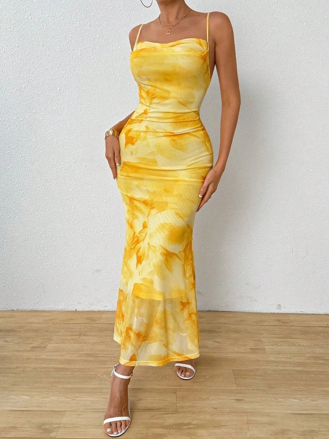 Tie-Dye Ruched Bodycon Mesh Cami Maxi Dress - Blushé Belle