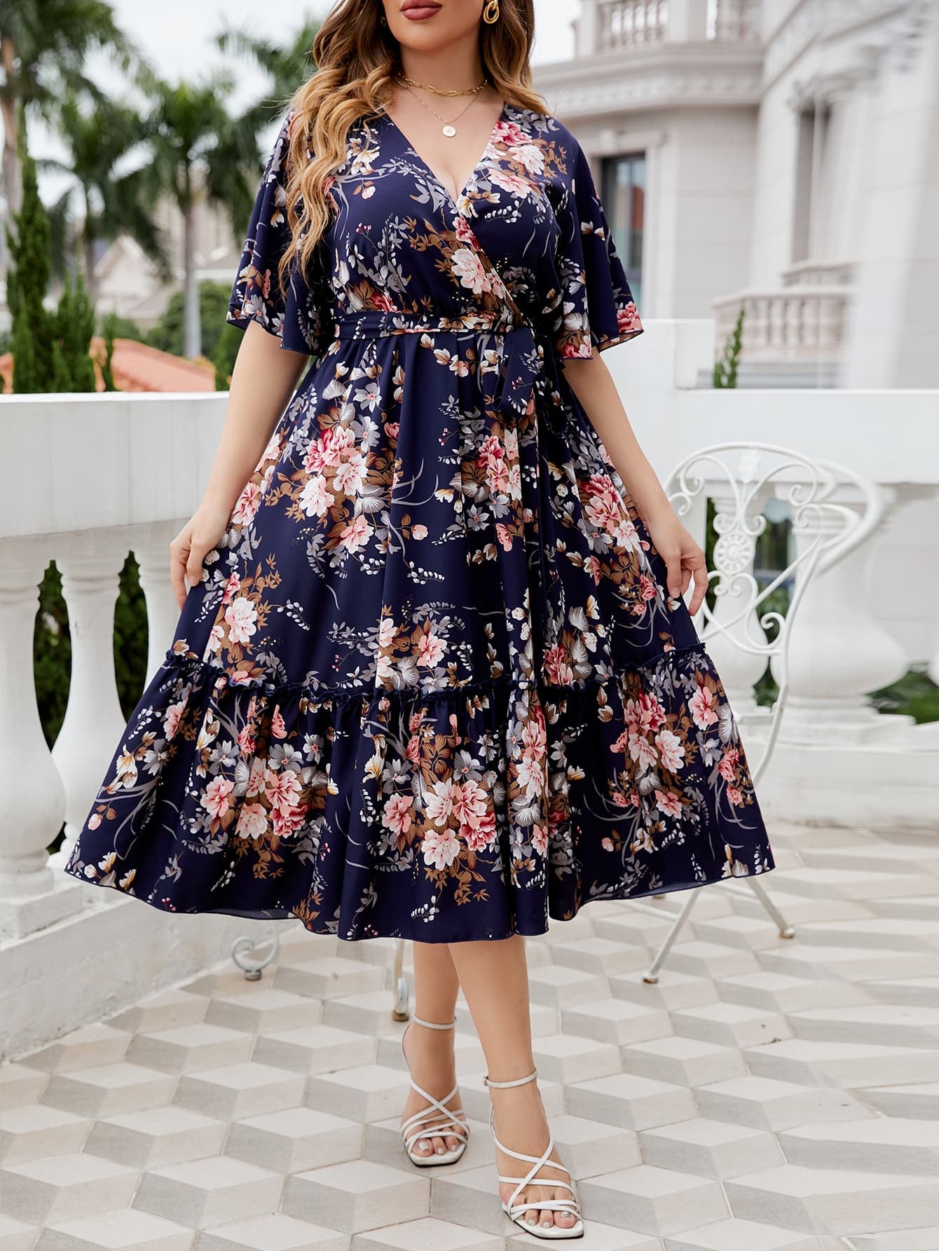 Honey Plus Size Floral Surplice Neck Midi Dress - Blushé Belle