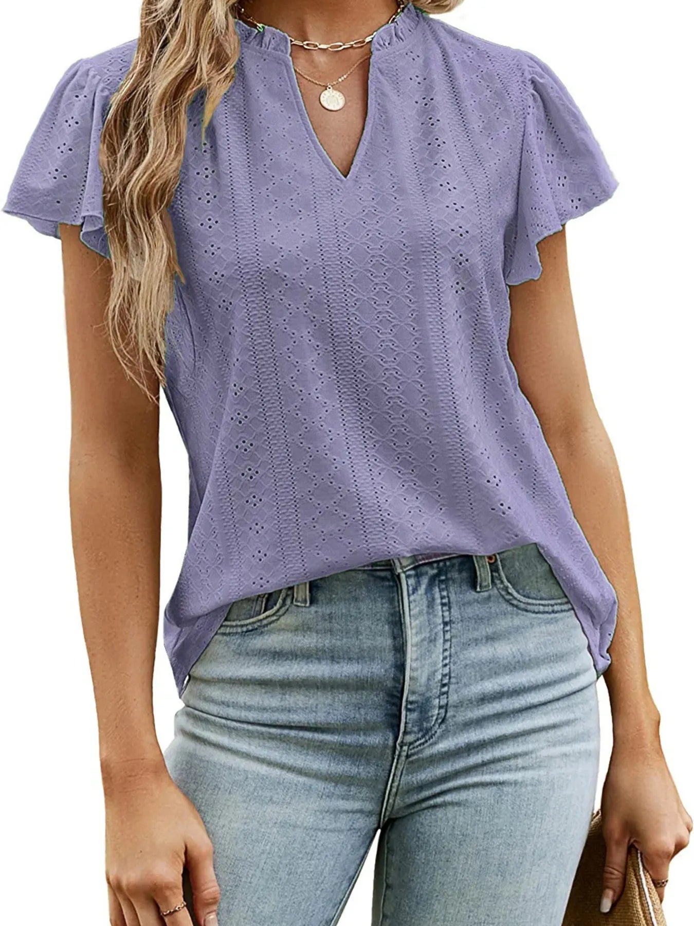 Eyelet Notched Short Sleeve T-Shirt - Blushé Belle