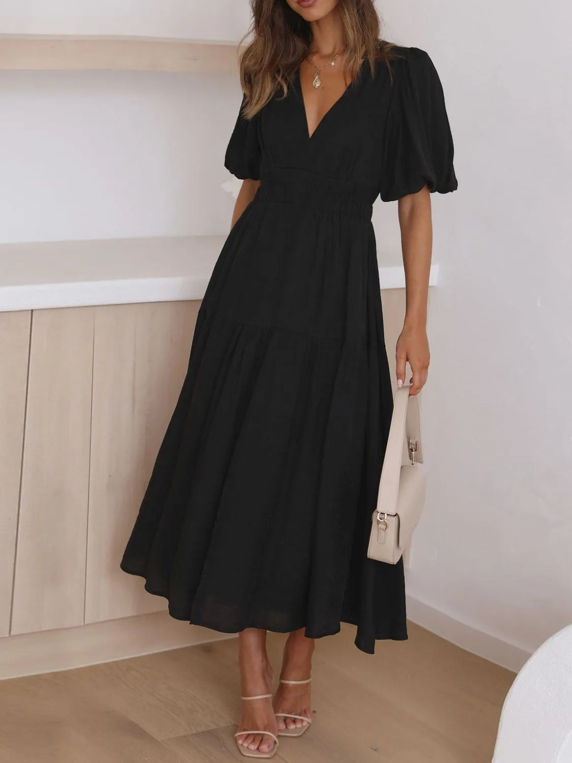 V-Neck Puff Sleeve Midi Dress - Blushé Belle