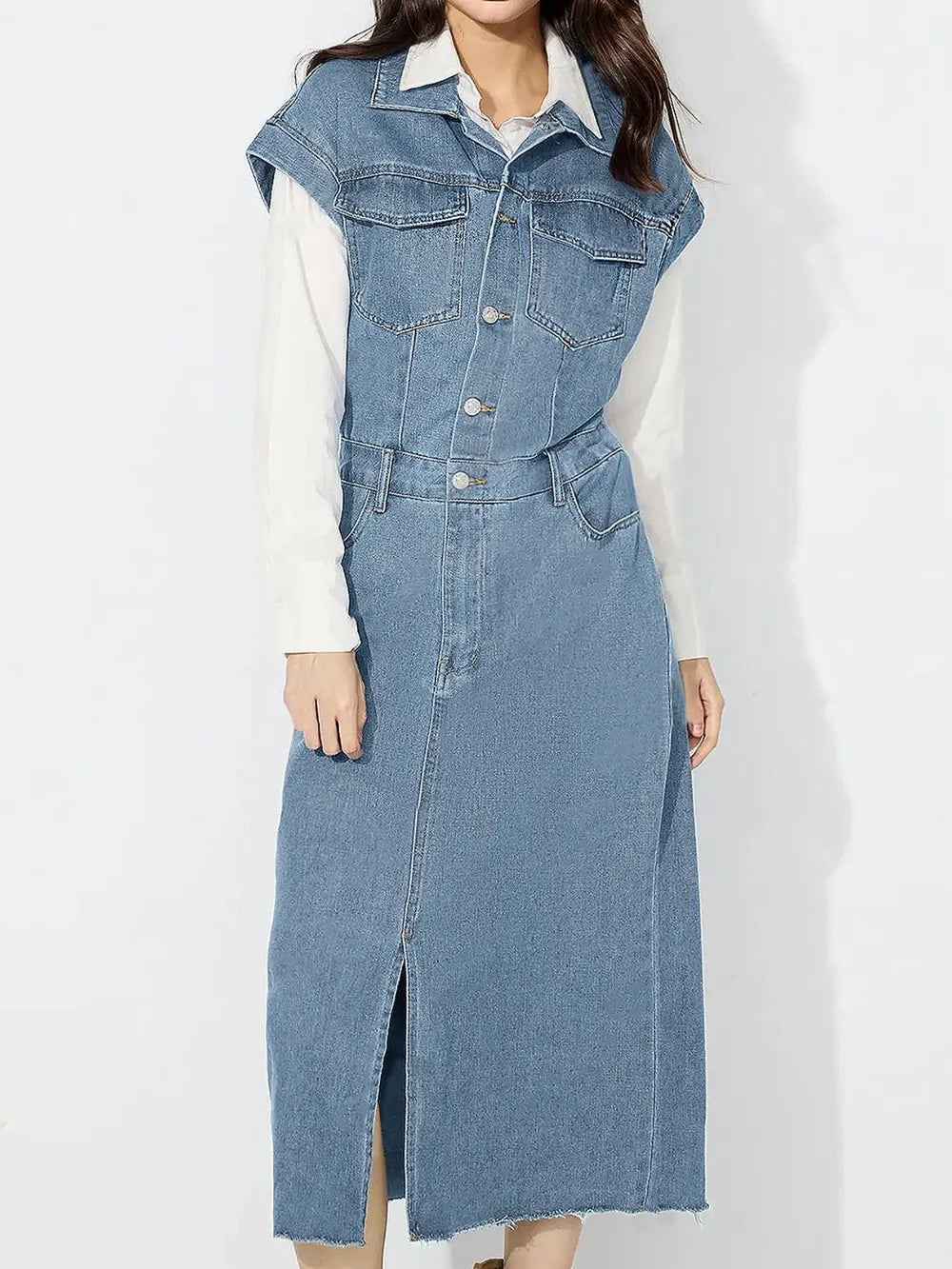 Slit Half Button Collared Neck Cap Sleeve Denim Dress - Blushé Belle