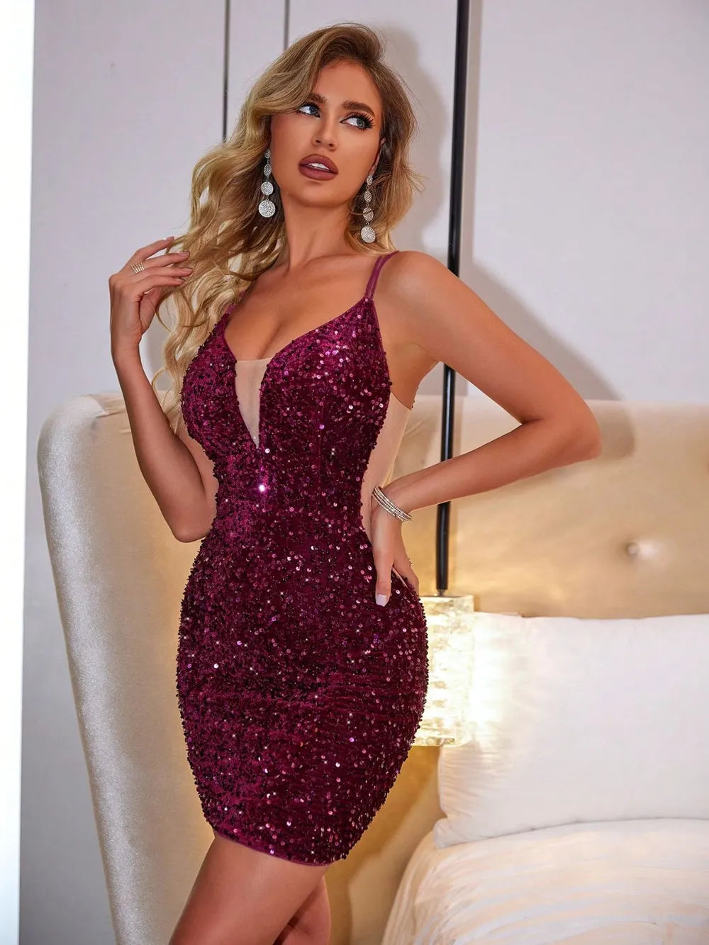Lace-Up Sequin Plunge Sleeveless Dress - Blushé Belle