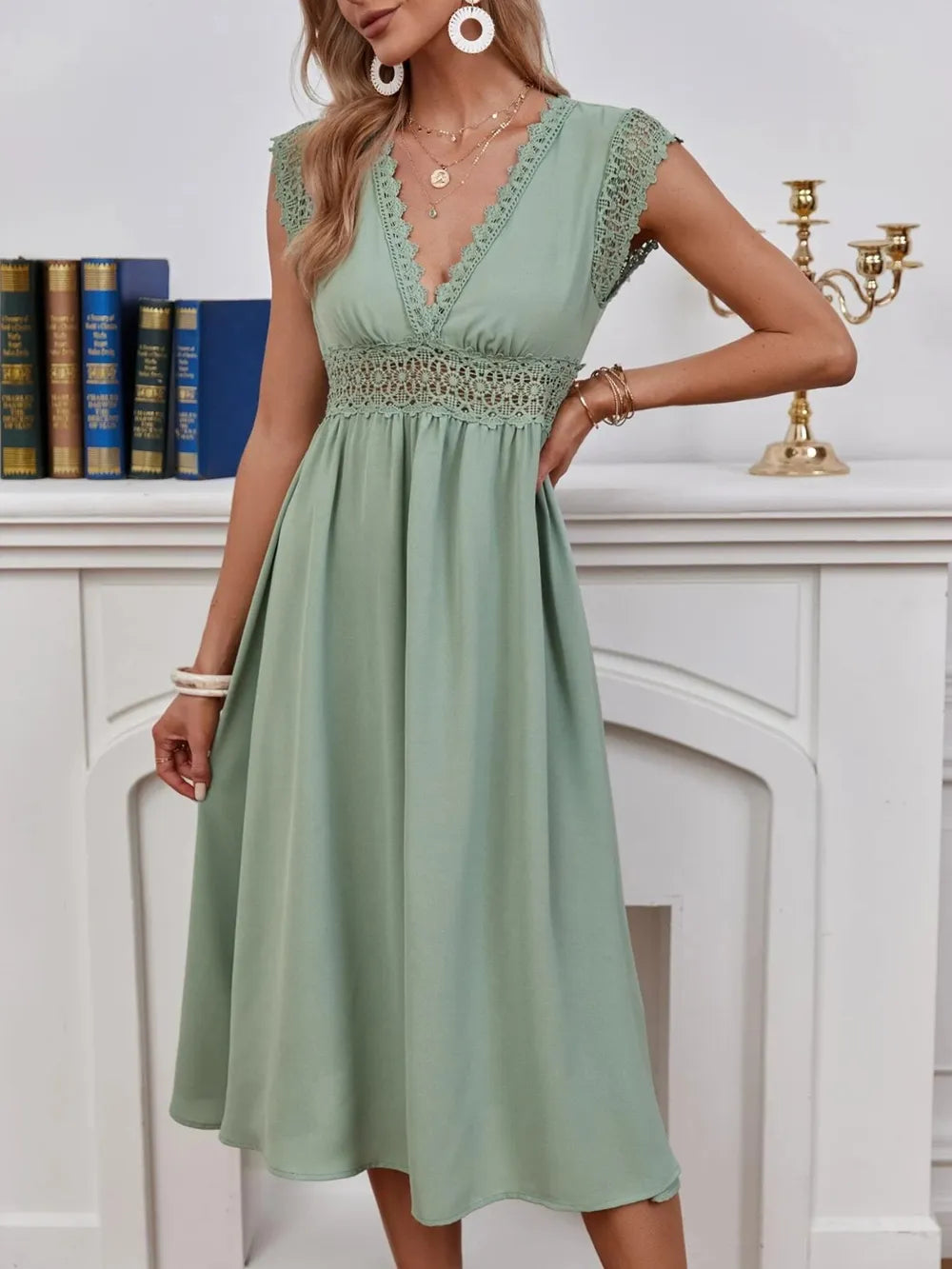 Lace Detail V-Neck Cap Sleeve Dress - Blushé Belle