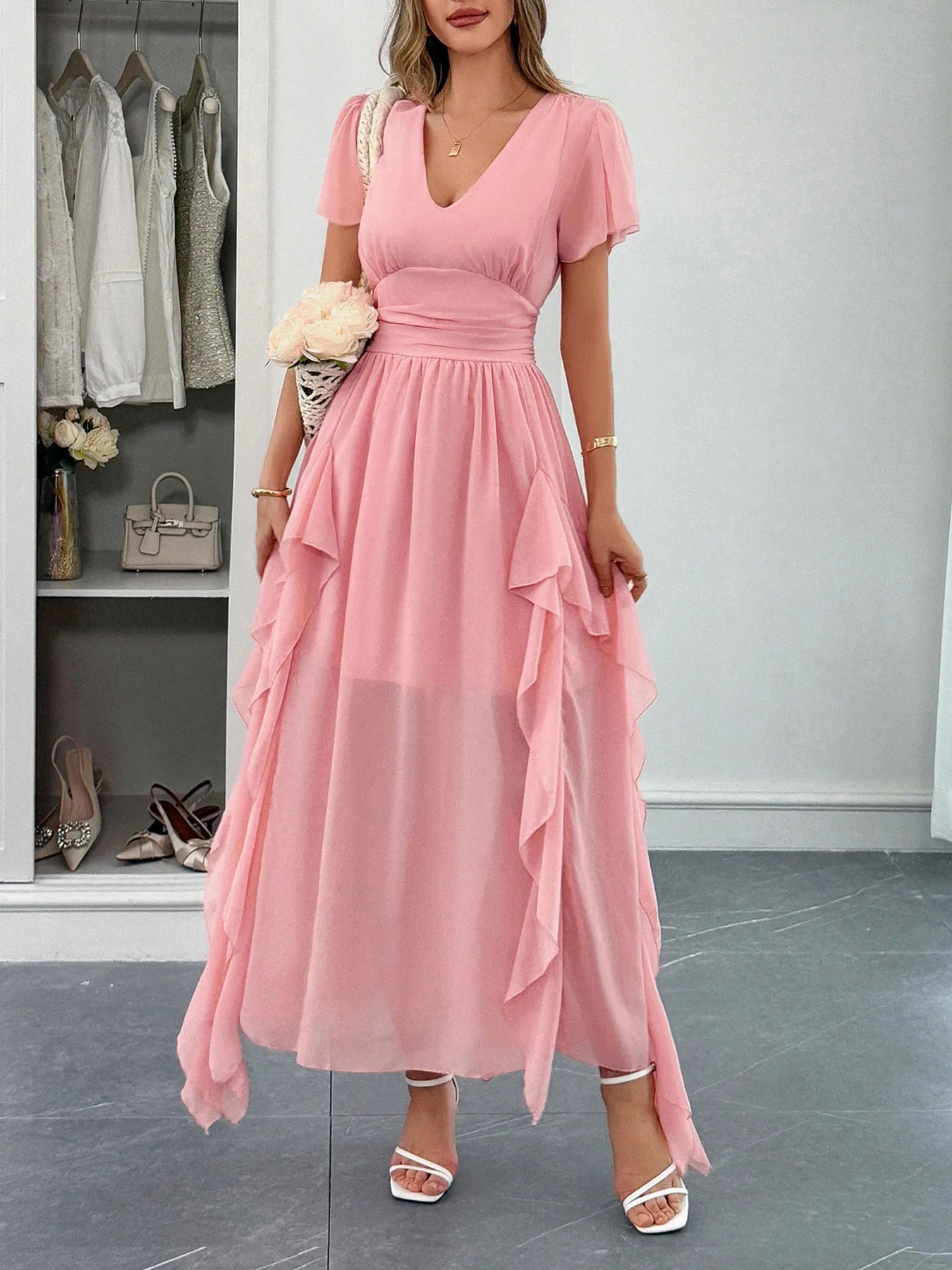 V-Neck Flutter Sleeve Dress - Blushé Belle