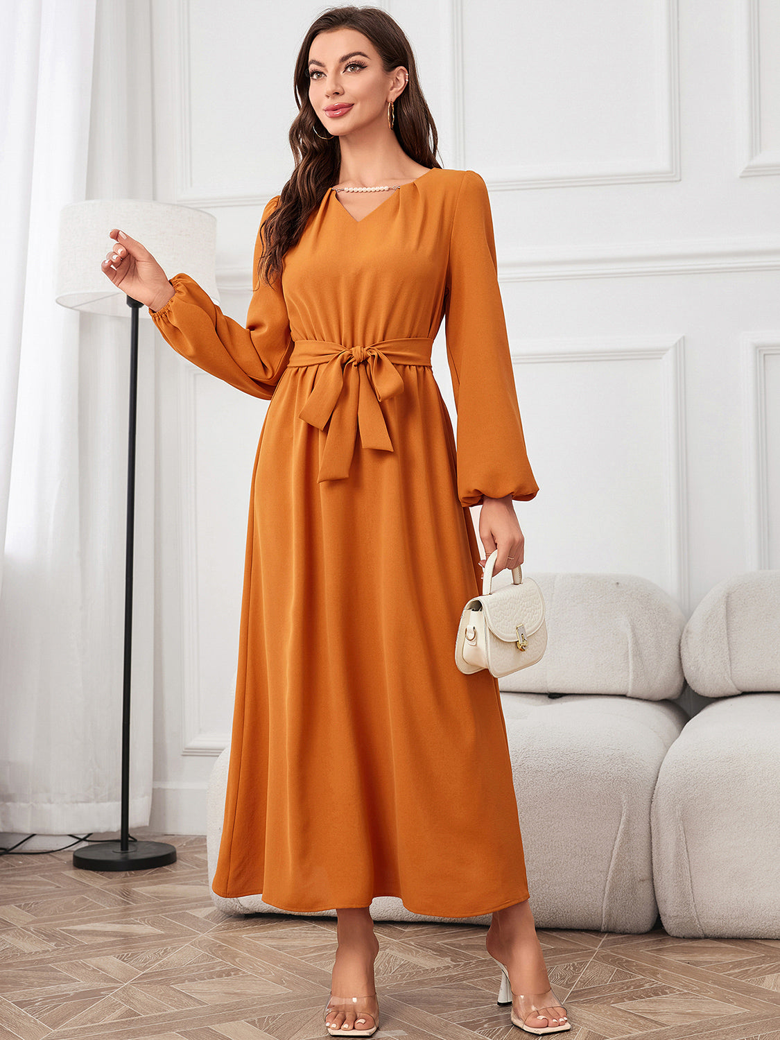 Tie Waist Puff Sleeve Maxi Dress - Blushé Belle