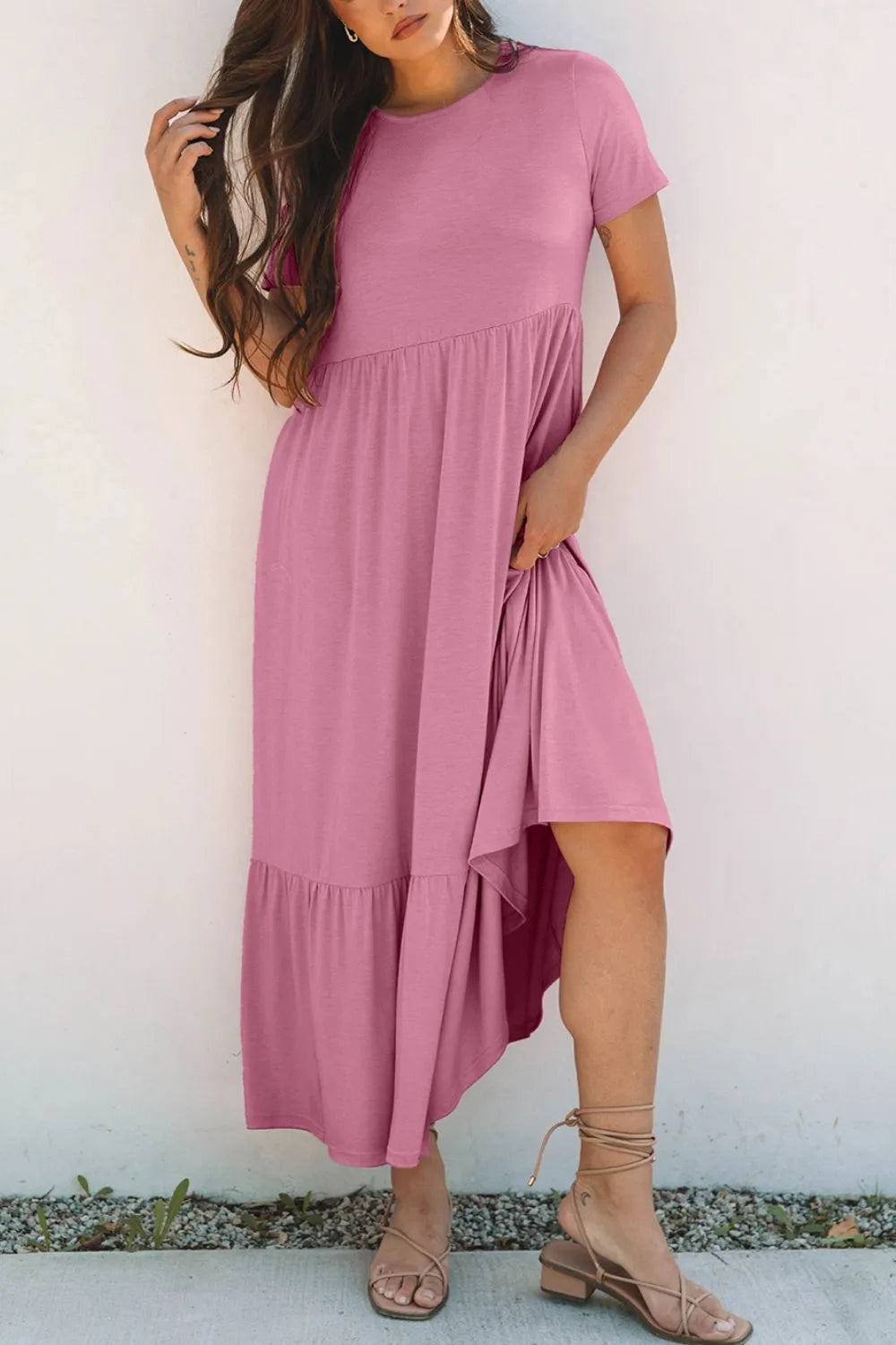 Solid Color High Waist Pocketed Tee Dress - Blushé Belle