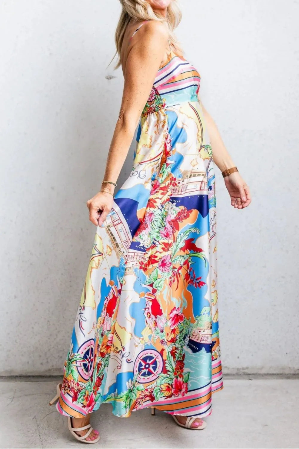 Smocked Back Printed Square Neck Maxi Cami Dress with Pockets - Blushé Belle