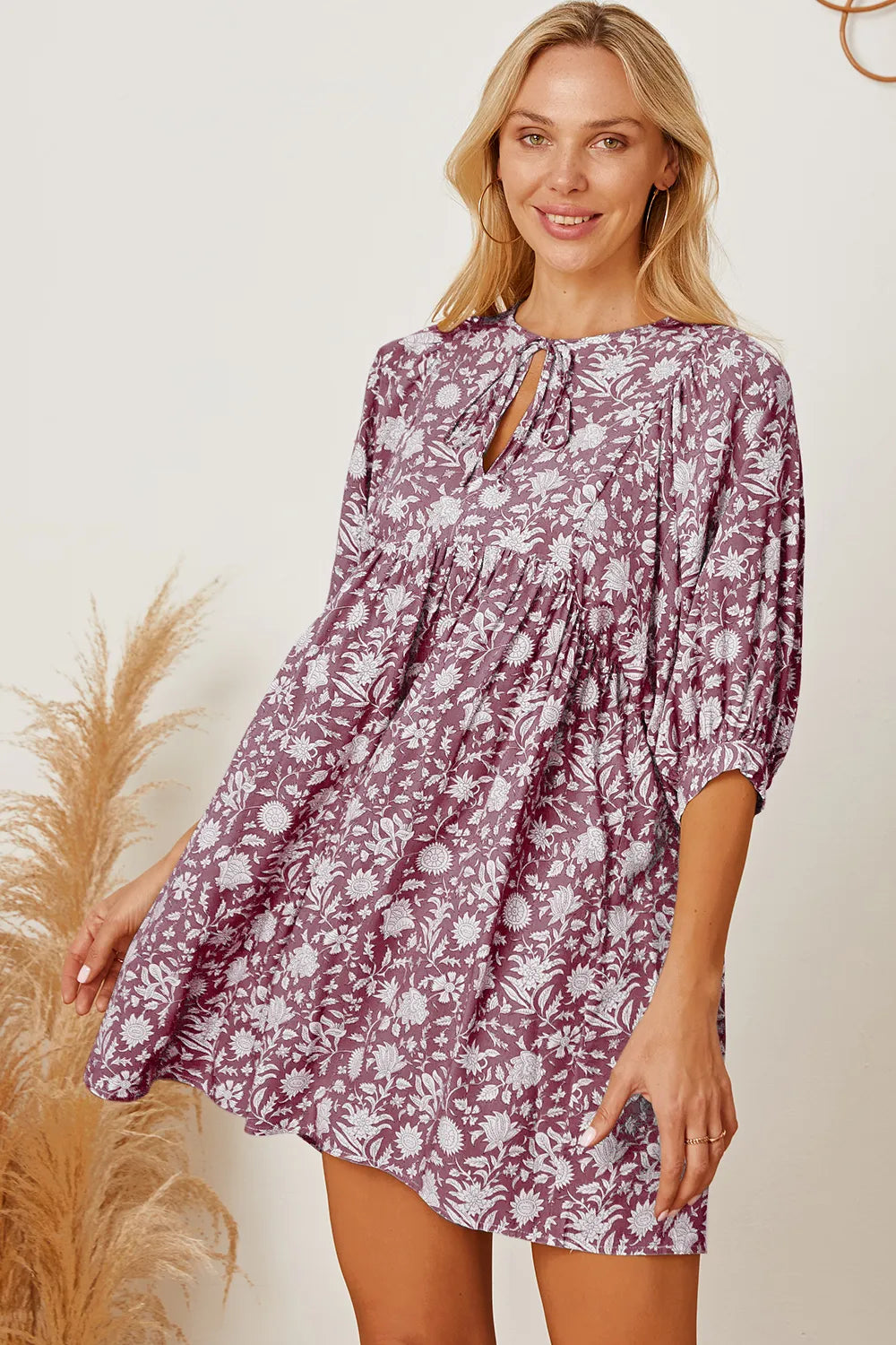 Floral Tie Neck Ruched Babydoll Dress - Blushé Belle