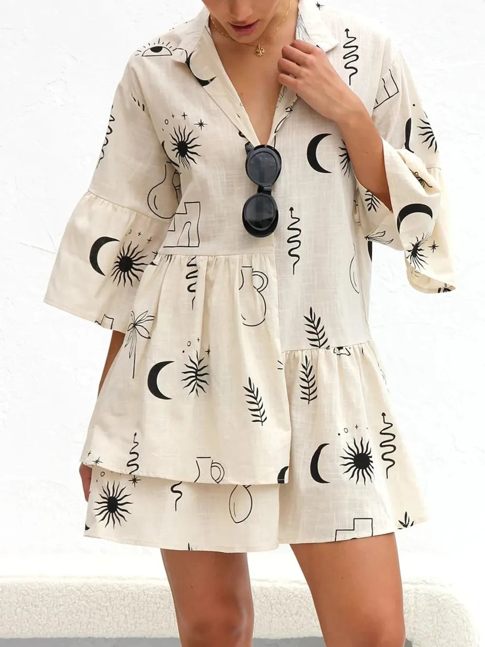Printed Collared Neck Three-Quarter Sleeve Mini Dress - Blushé Belle