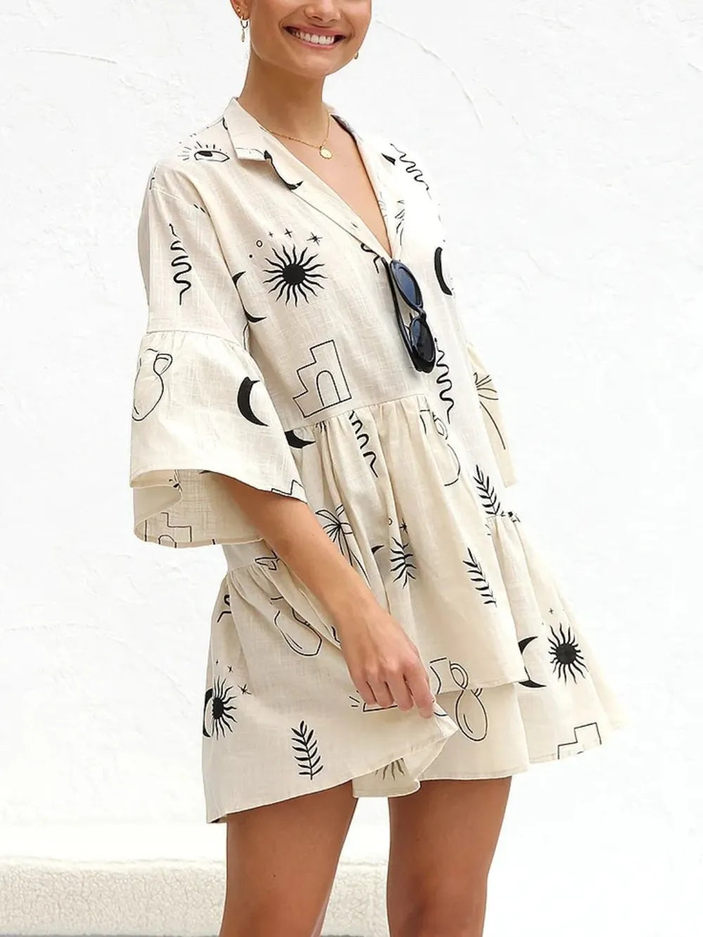 Printed Collared Neck Three-Quarter Sleeve Mini Dress - Blushé Belle