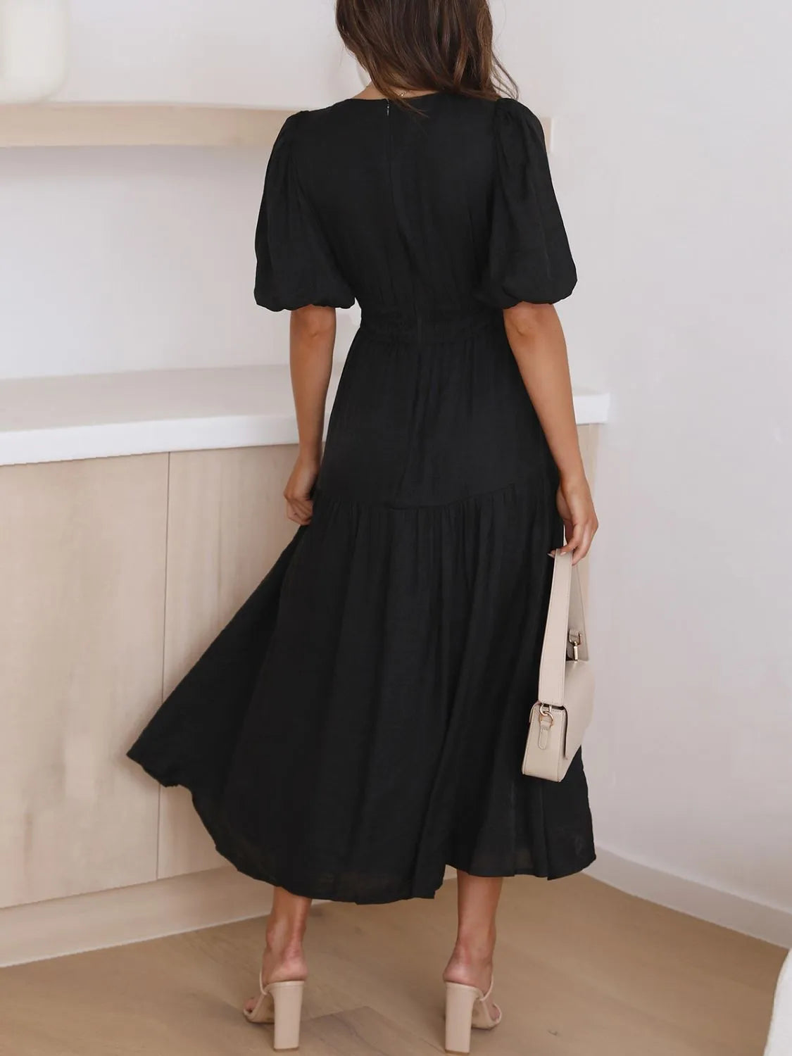 V-Neck Puff Sleeve Midi Dress - Blushé Belle