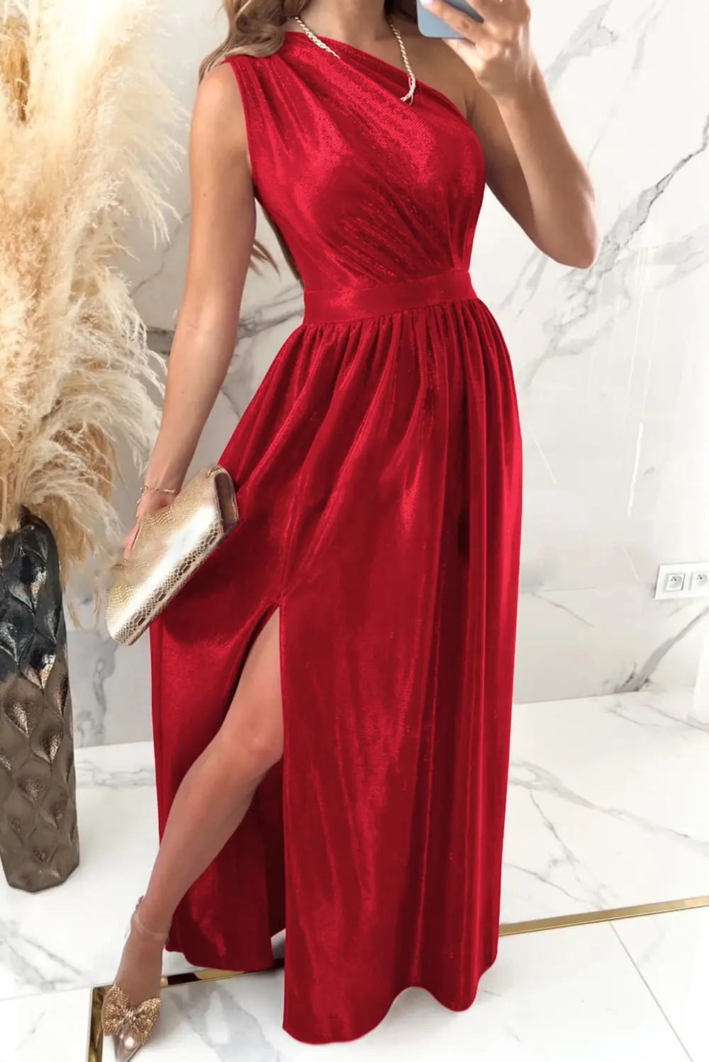 One Shoulder Slit Ruched Maxi Dress - Blushé Belle