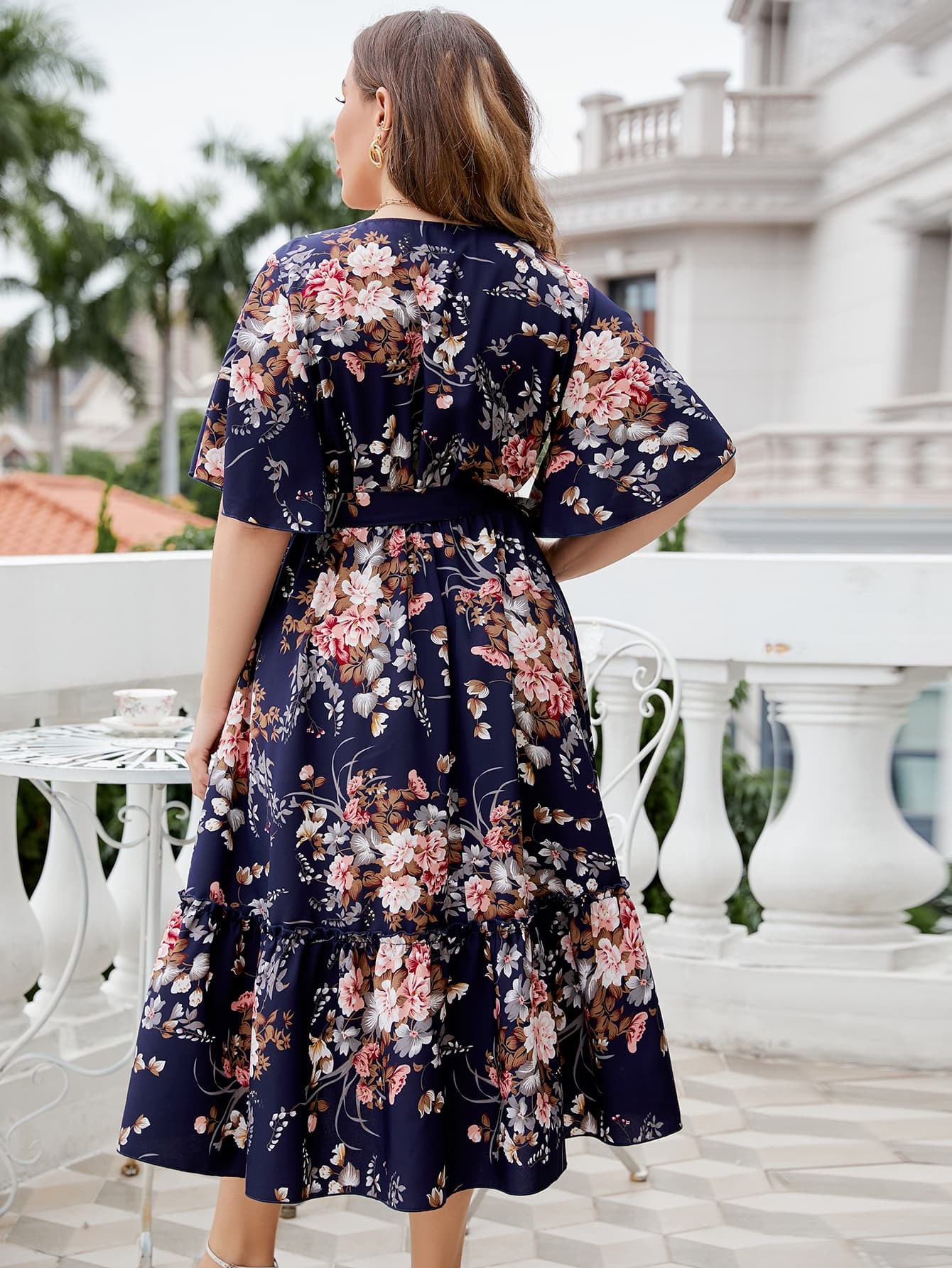 Honey Plus Size Floral Surplice Neck Midi Dress - Blushé Belle