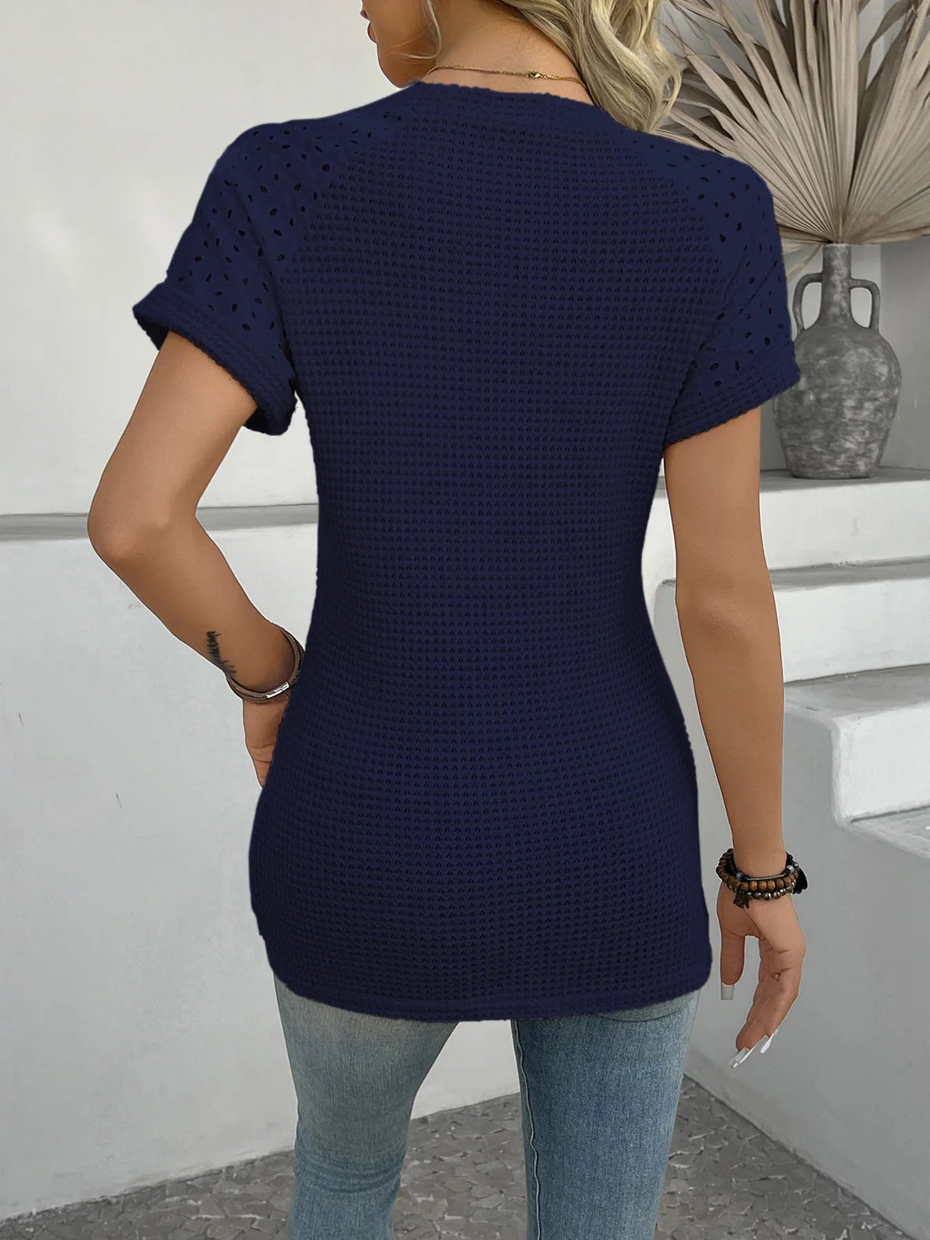 Hollow Out Waffle Knit Short Sleeve T-Shirt - Blushé Belle
