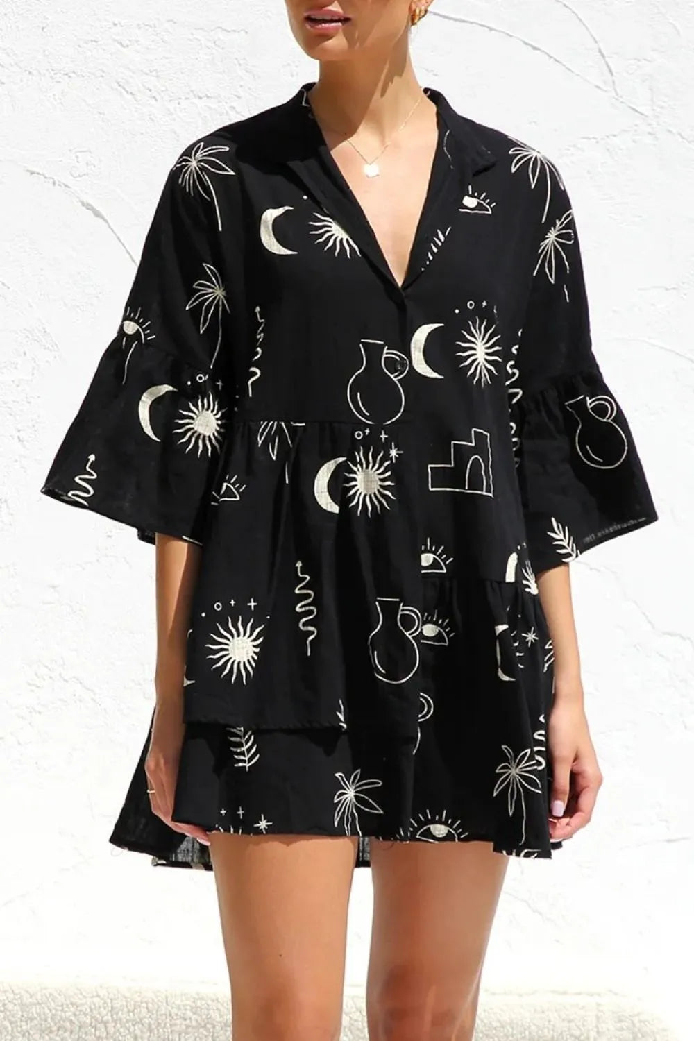 Ruched Printed Three-Quarter Sleeve Mini Dress - Blushé Belle