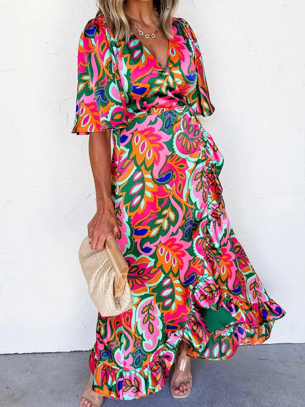 Floral Print Wrap Maxi Dress with Ruffle Details - Blushé Belle
