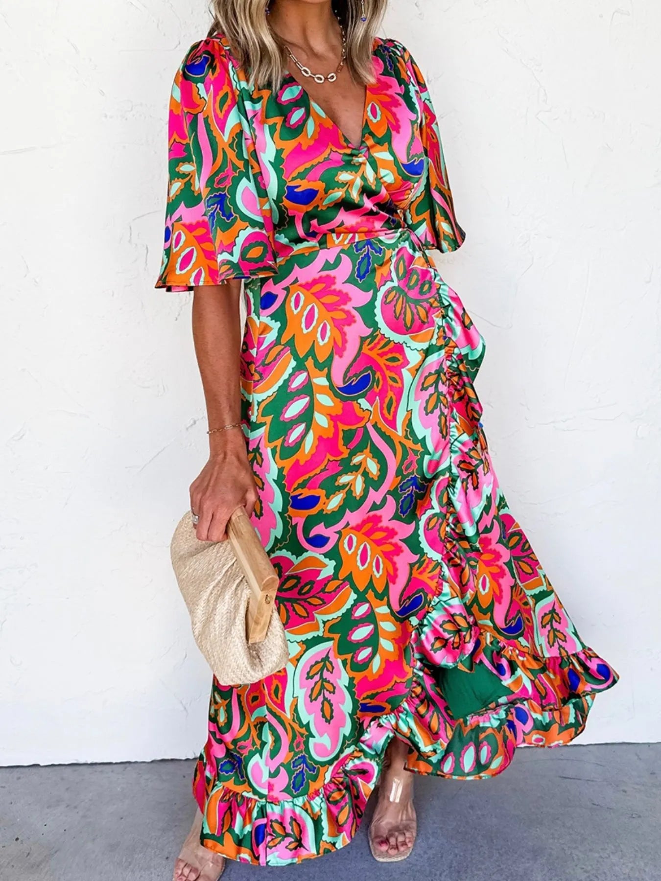 Floral Print Wrap Maxi Dress with Ruffle Details - Blushé Belle