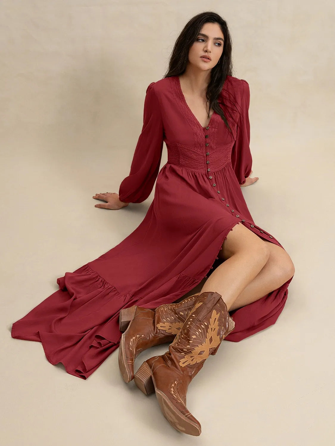 V-Neck Balloon Sleeve Ruffled Hem Maxi Dress - Blushé Belle