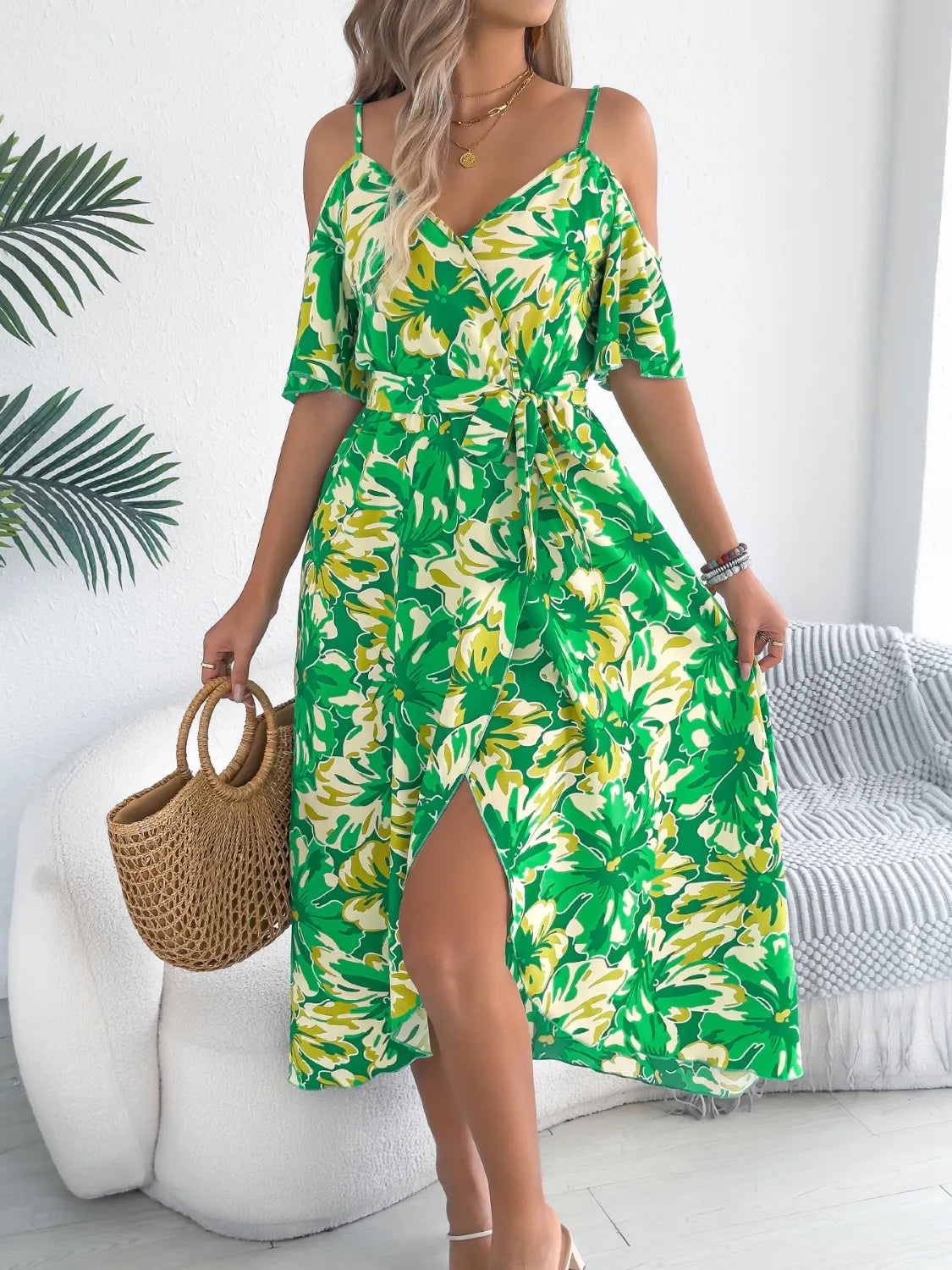 Printed Cold Shoulder Midi Cami Dress - Blushé Belle