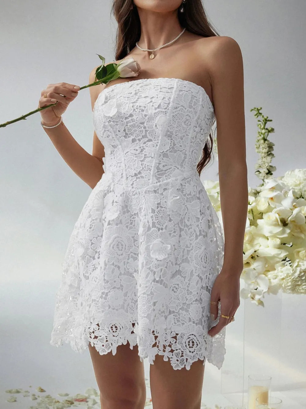 Devine Lace-Up Tube Lace Mini Dress - Blushé Belle