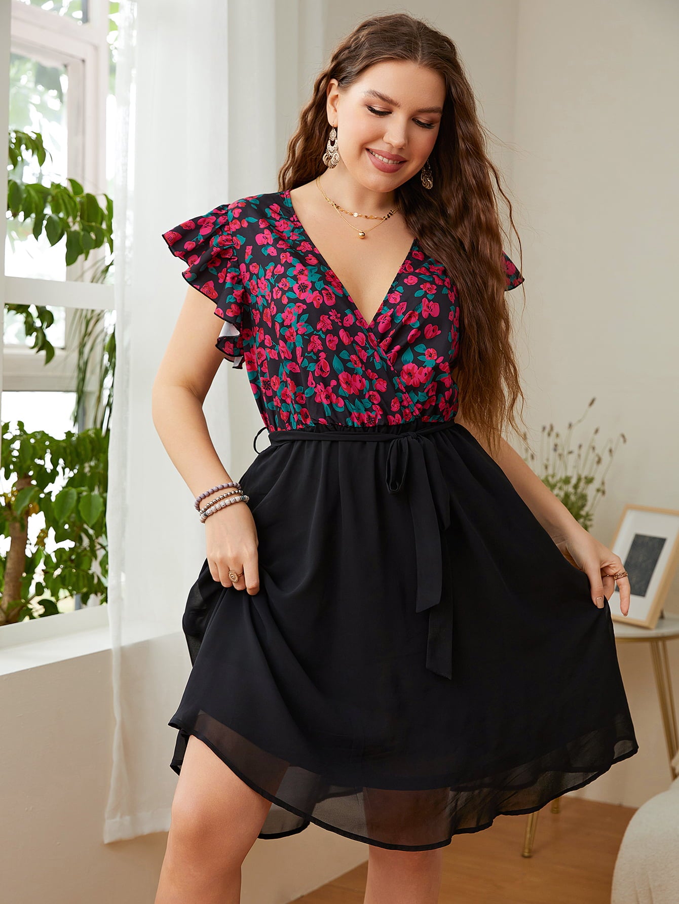 Honey Plus Size Floral Surplice Neck Flutter Sleeve Dress - Blushé Belle
