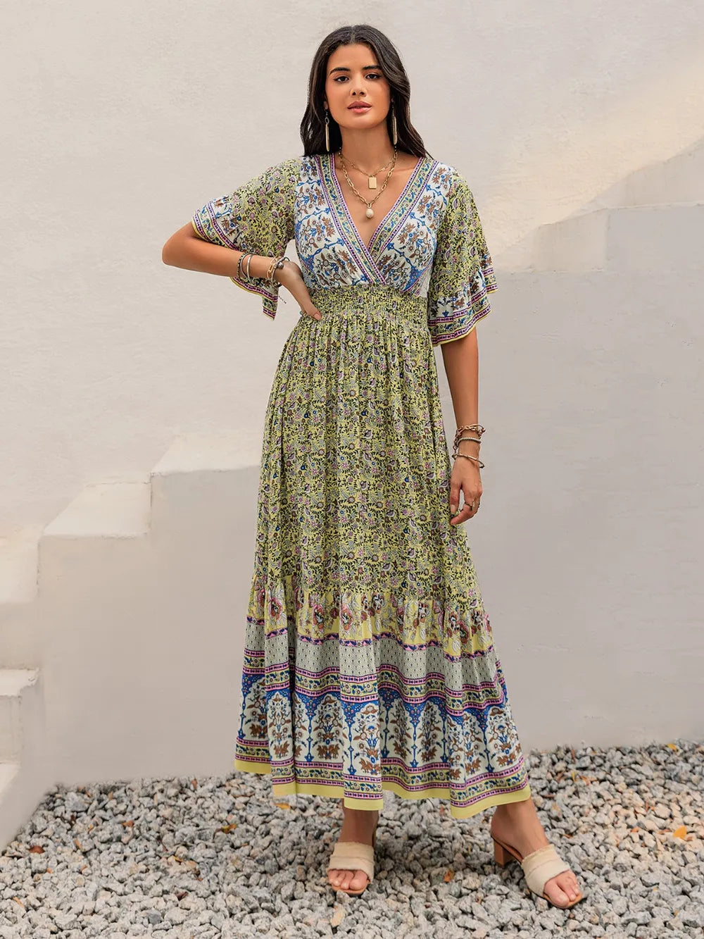 Ruched Printed Flounce Sleeve Maxi Dress - Blushé Belle