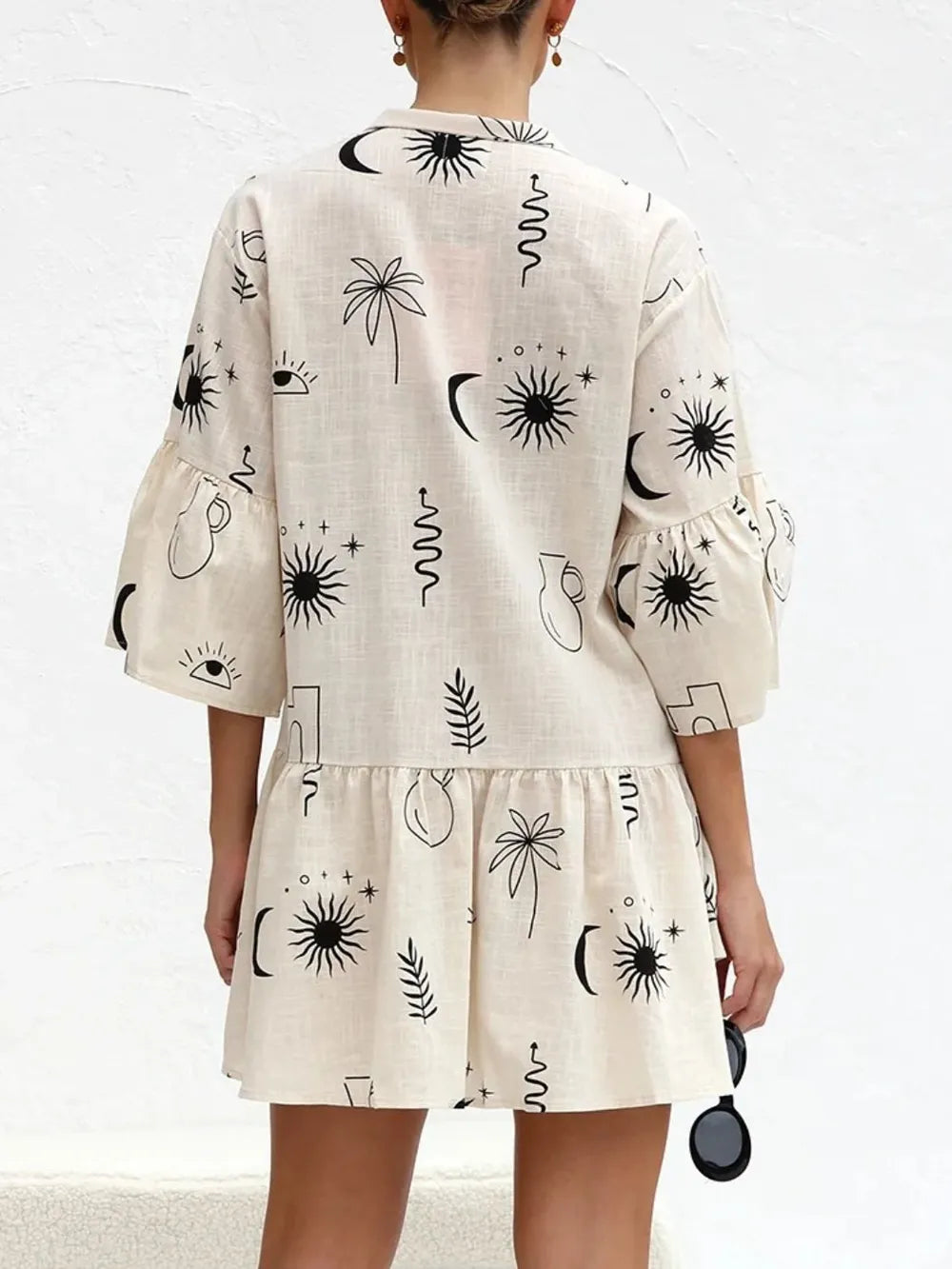 Printed Collared Neck Three-Quarter Sleeve Mini Dress - Blushé Belle